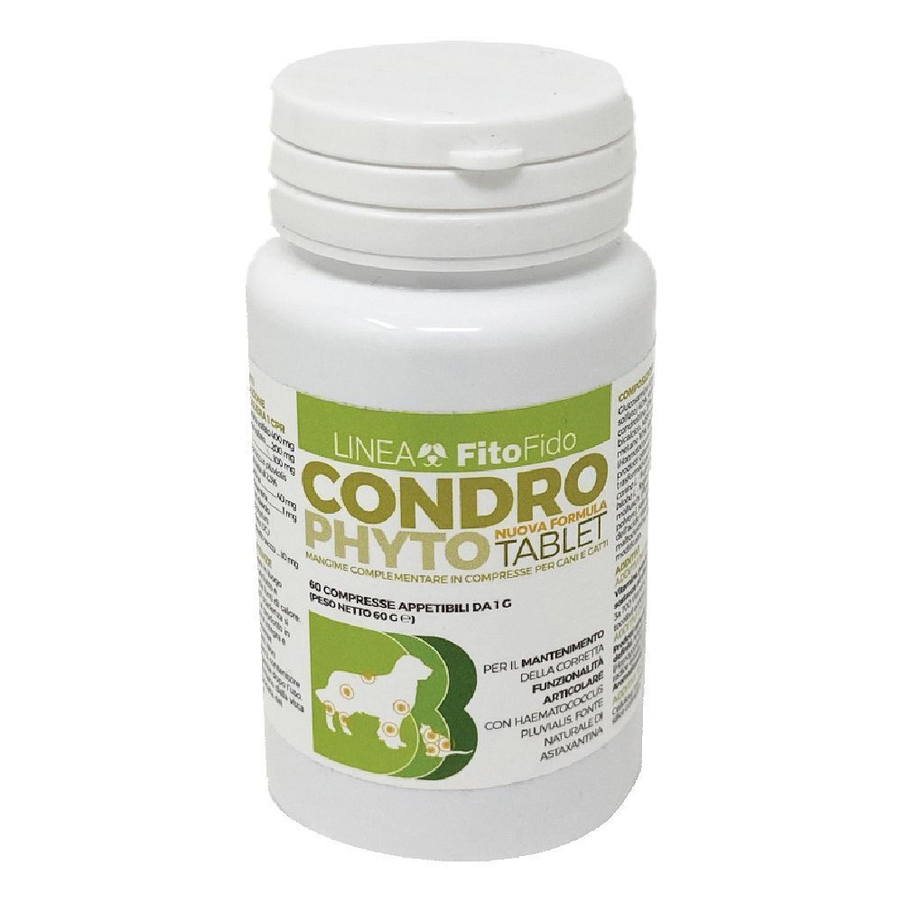 Flacone di compresse bianco con etichetta verde. Scritta: Condro Phyto Tablet. 60 compresse.