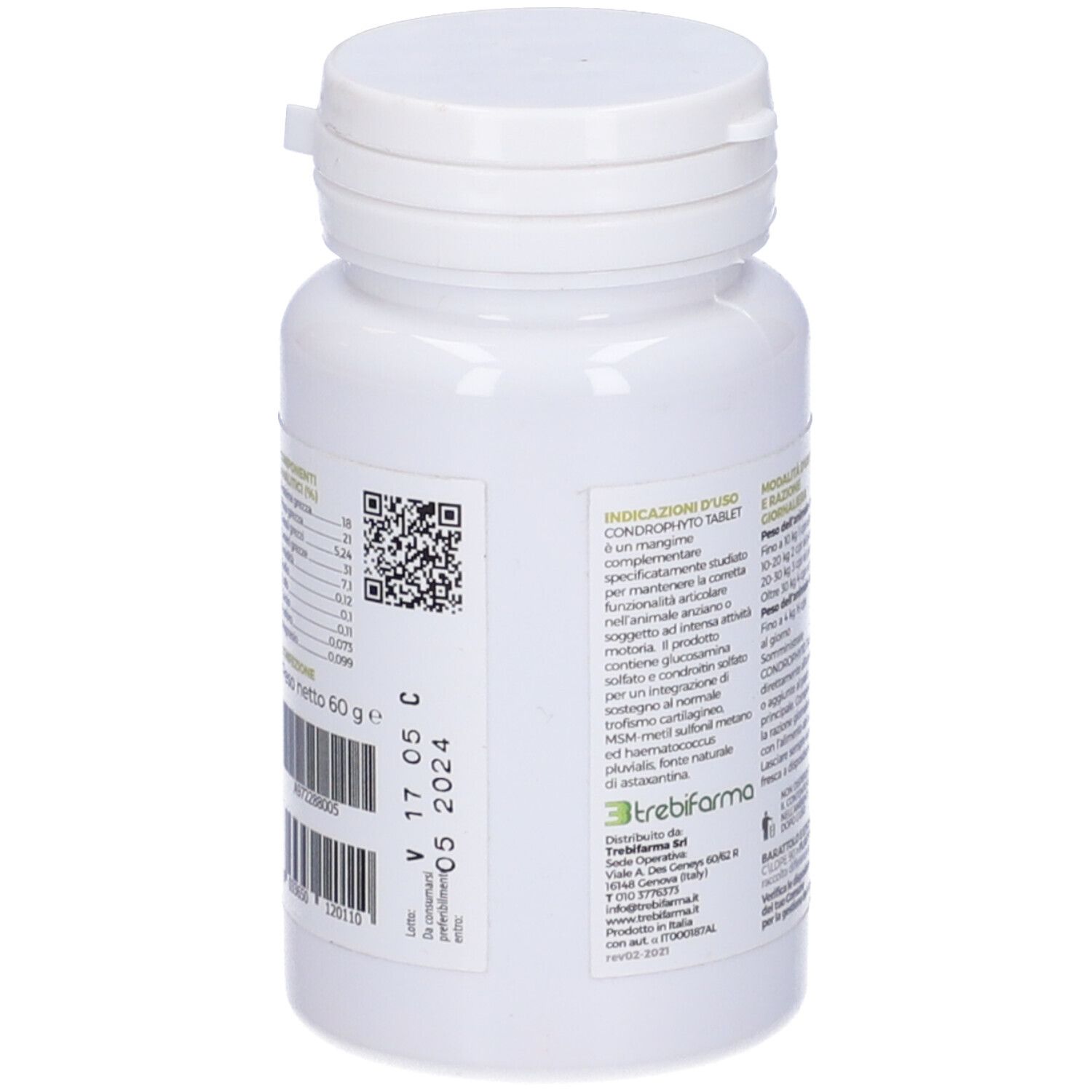 Retro del flacone di compresse bianco. Testo e codice QR sull'etichetta.