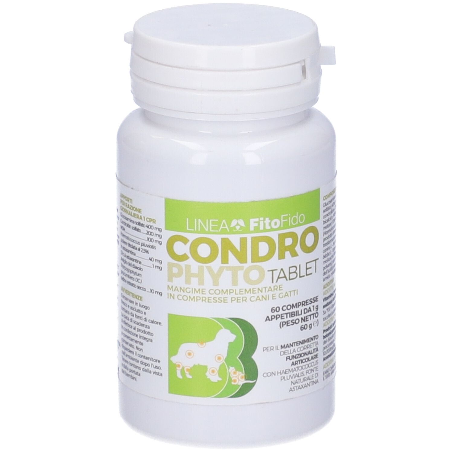 Flacone di compresse bianco con etichetta verde. Scritta: Condro Phyto Tablet. 60 compresse.