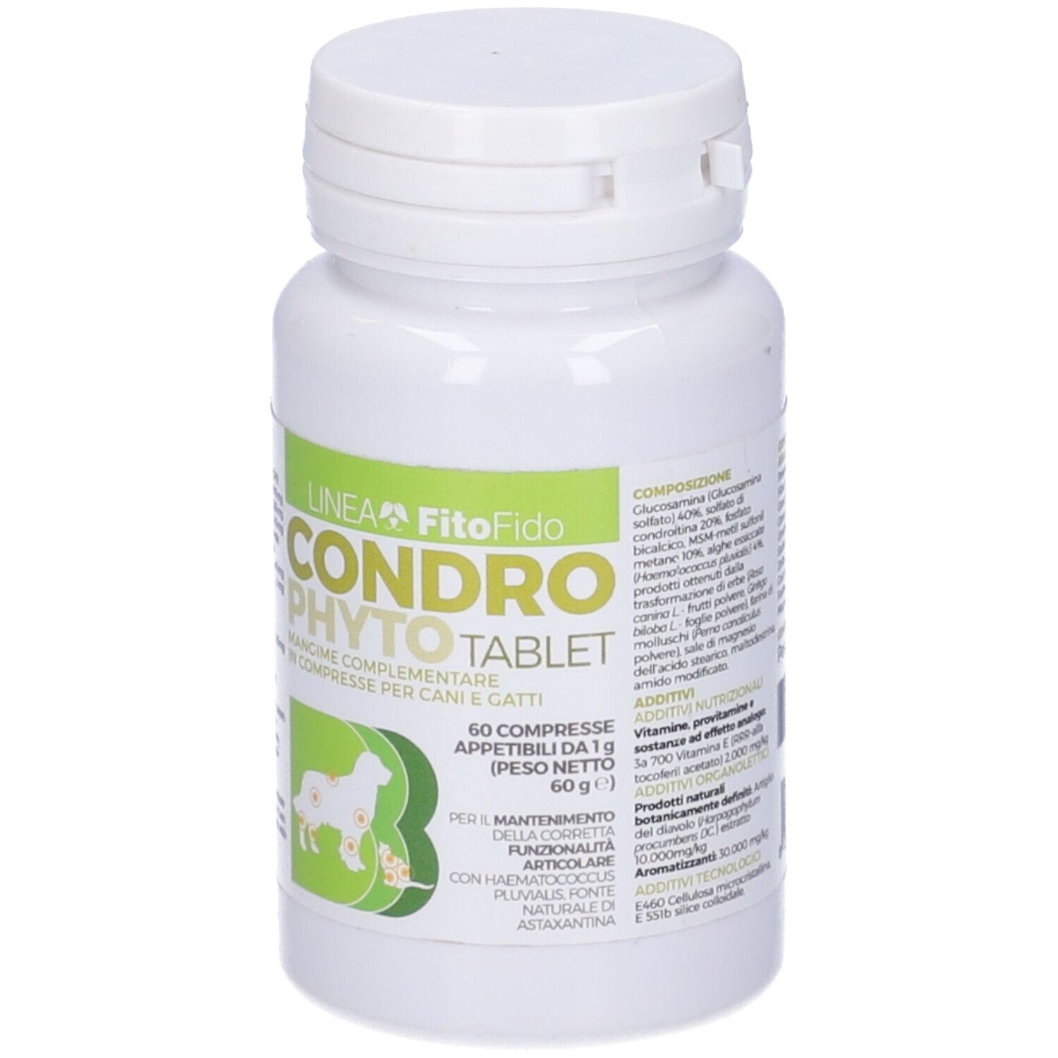 Flacone di compresse bianco con etichetta verde. Scritta: Condro Phyto Tablet. 60 compresse.