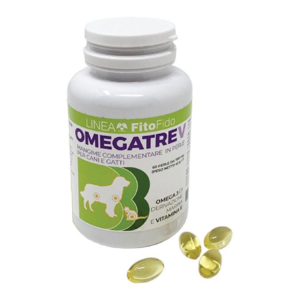 Flacone bianco con etichetta Omegatrev e capsule. Scritta: Omegatrev, 60 perle. Per cani e gatti.