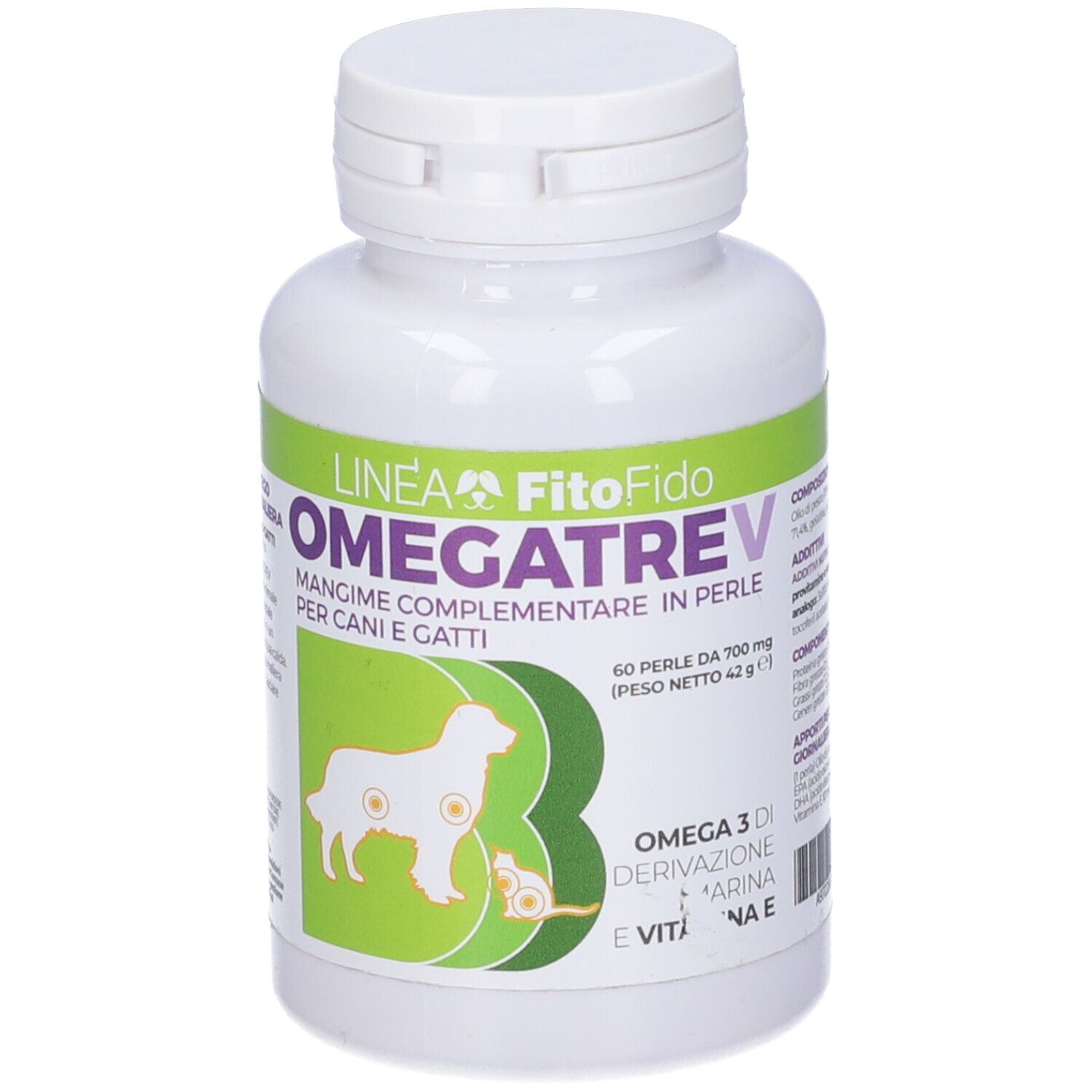 Flacone bianco con etichetta Omegatrev. Scritta: Omegatrev, 60 perle. Per cani e gatti. Omega 3.