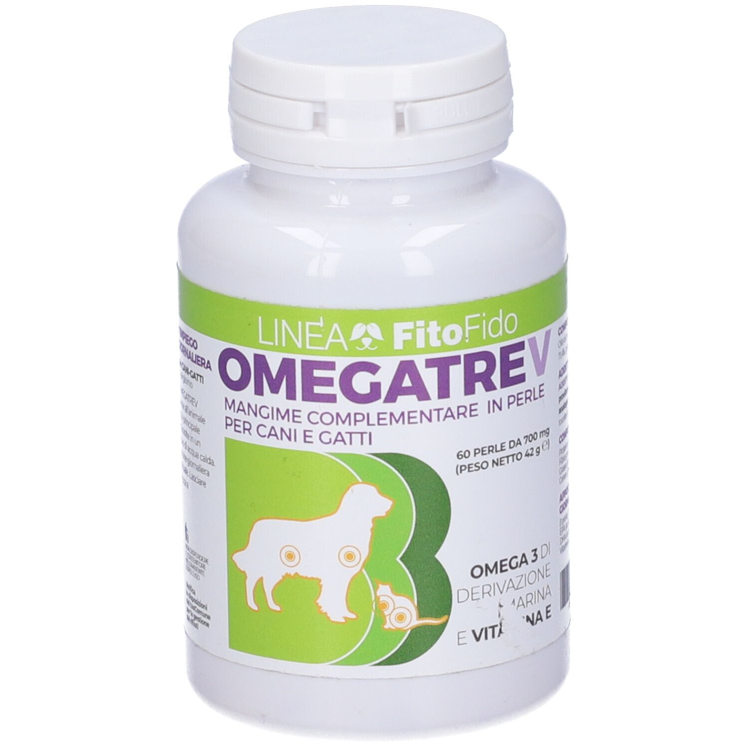 Flacone bianco con etichetta Omegatrev. Scritta: Omegatrev, 60 perle. Per cani e gatti. Omega 3.