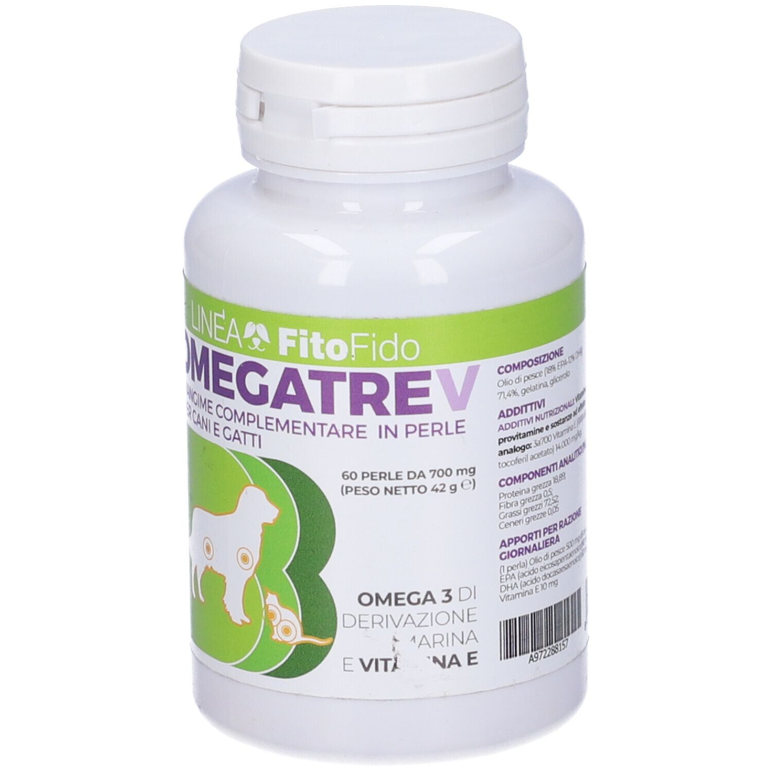 Flacone bianco con etichetta Omegatrev. Scritta: Omegatrev, 60 perle. Per cani e gatti. Omega 3.