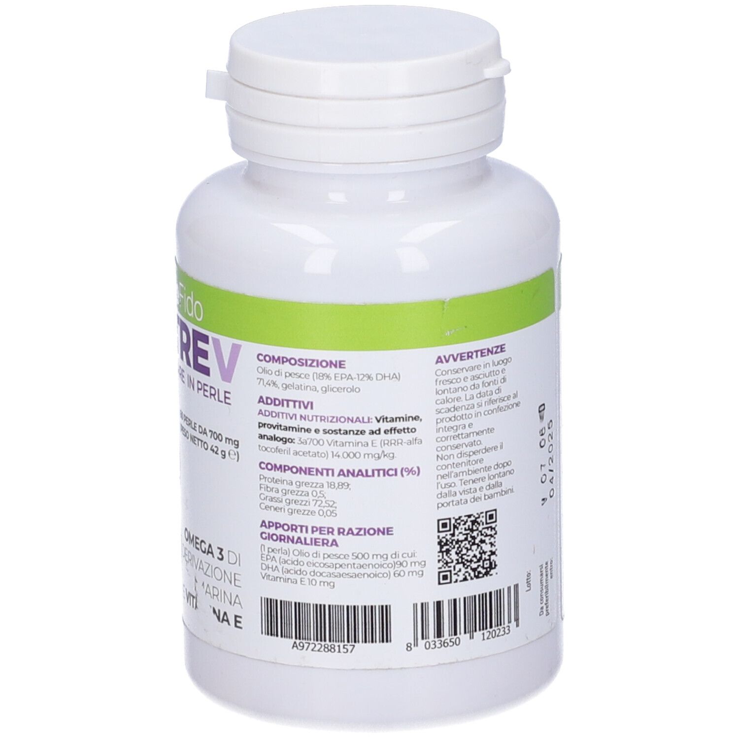 Retro del flacone bianco con etichetta Omegatrev. Scritta: Omegatrev, composizione, componenti analitici, codice QR.