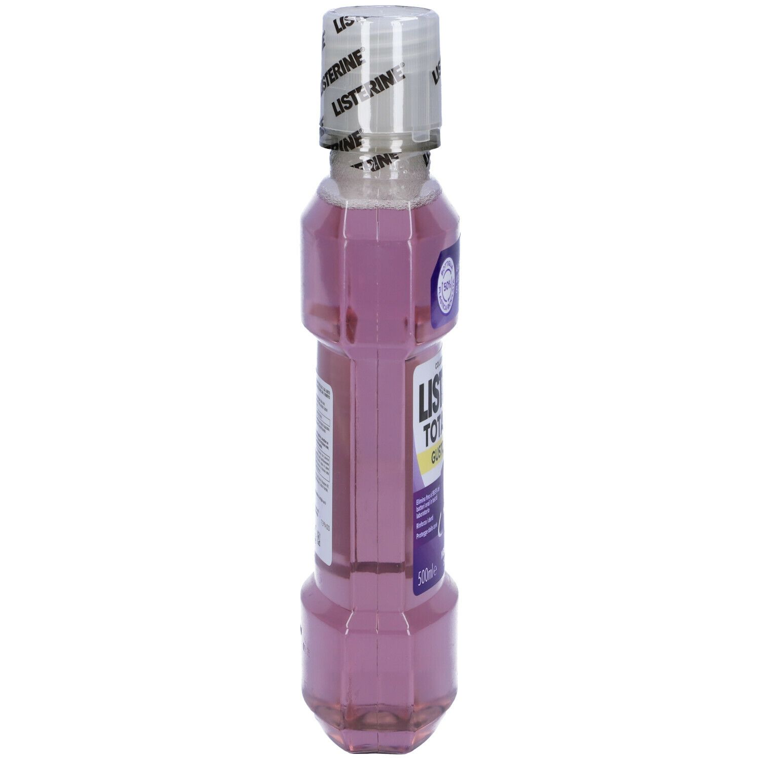 Flacone di collutorio rosa. Scritta: LISTERINE Total Care, 6 benefici, 500ml. Tappo bianco.
