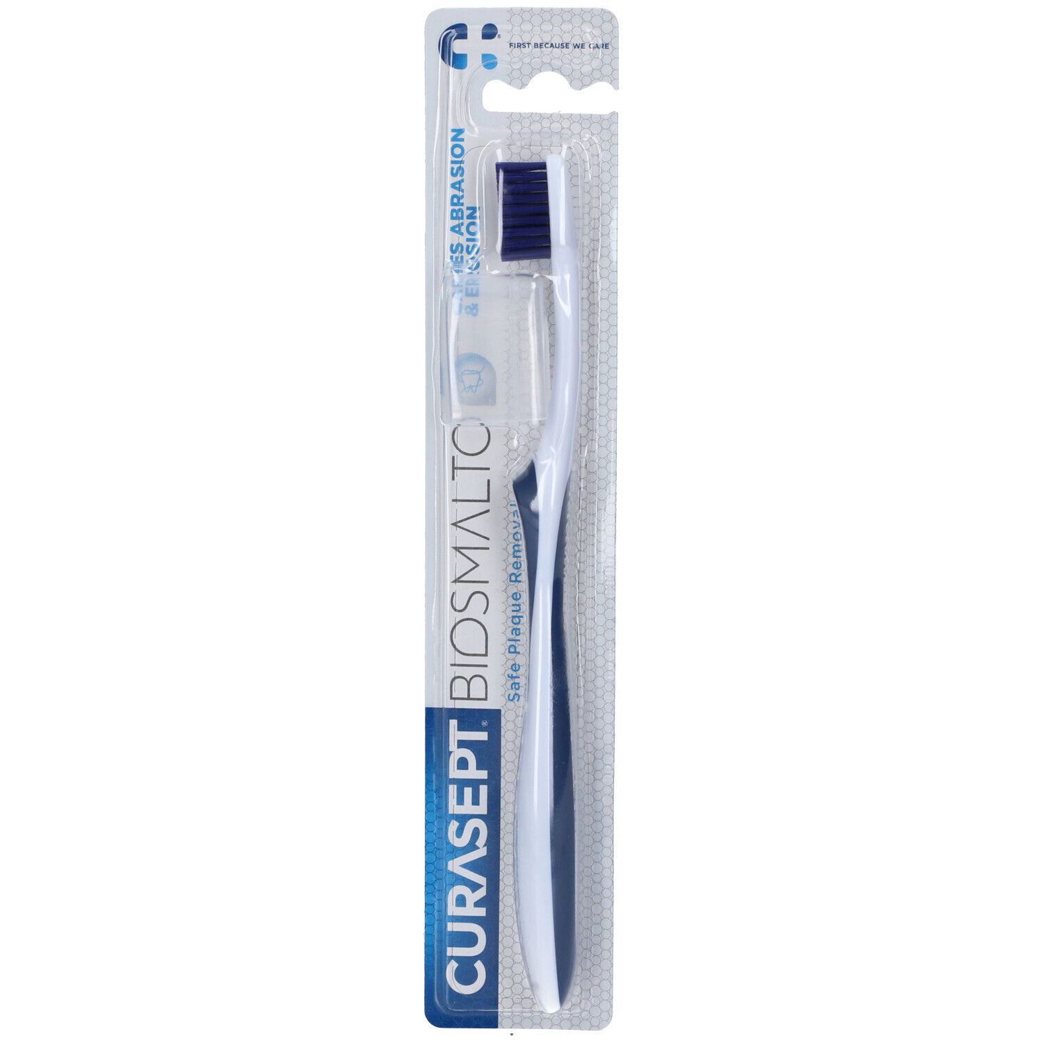 Spazzolino blu e bianco, confezionato. Scritte: CURASEPT BIOSMALTO. Safe Plaque Removal.