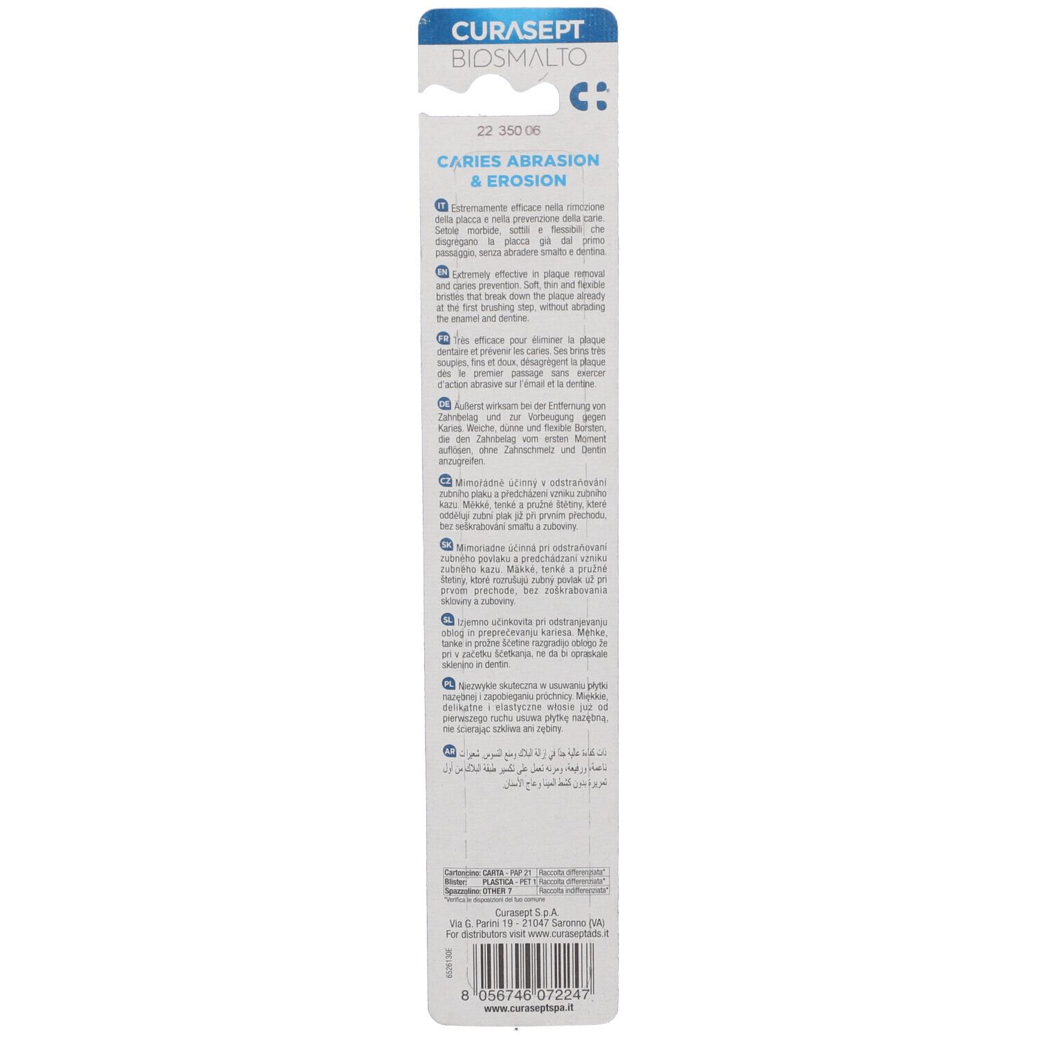 Retro confezione blister con testo multilingue. Scritte: CURASEPT BIOSMALTO. Caries Abrasion & Erosion.
