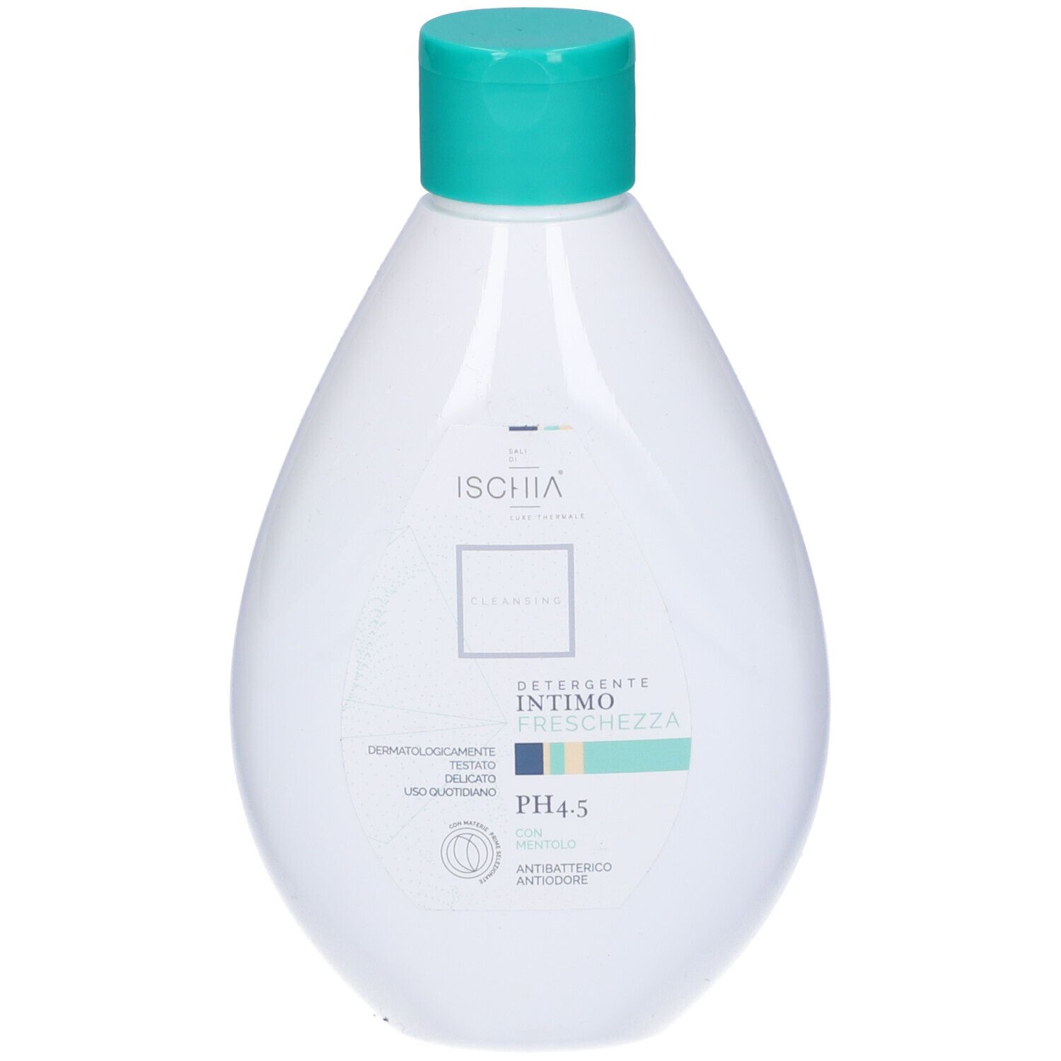 Flacone bianco con tappo verde. Scritta: Ischia, Intimo Freschezza, pH 4.5. Dermatologicamente testato.