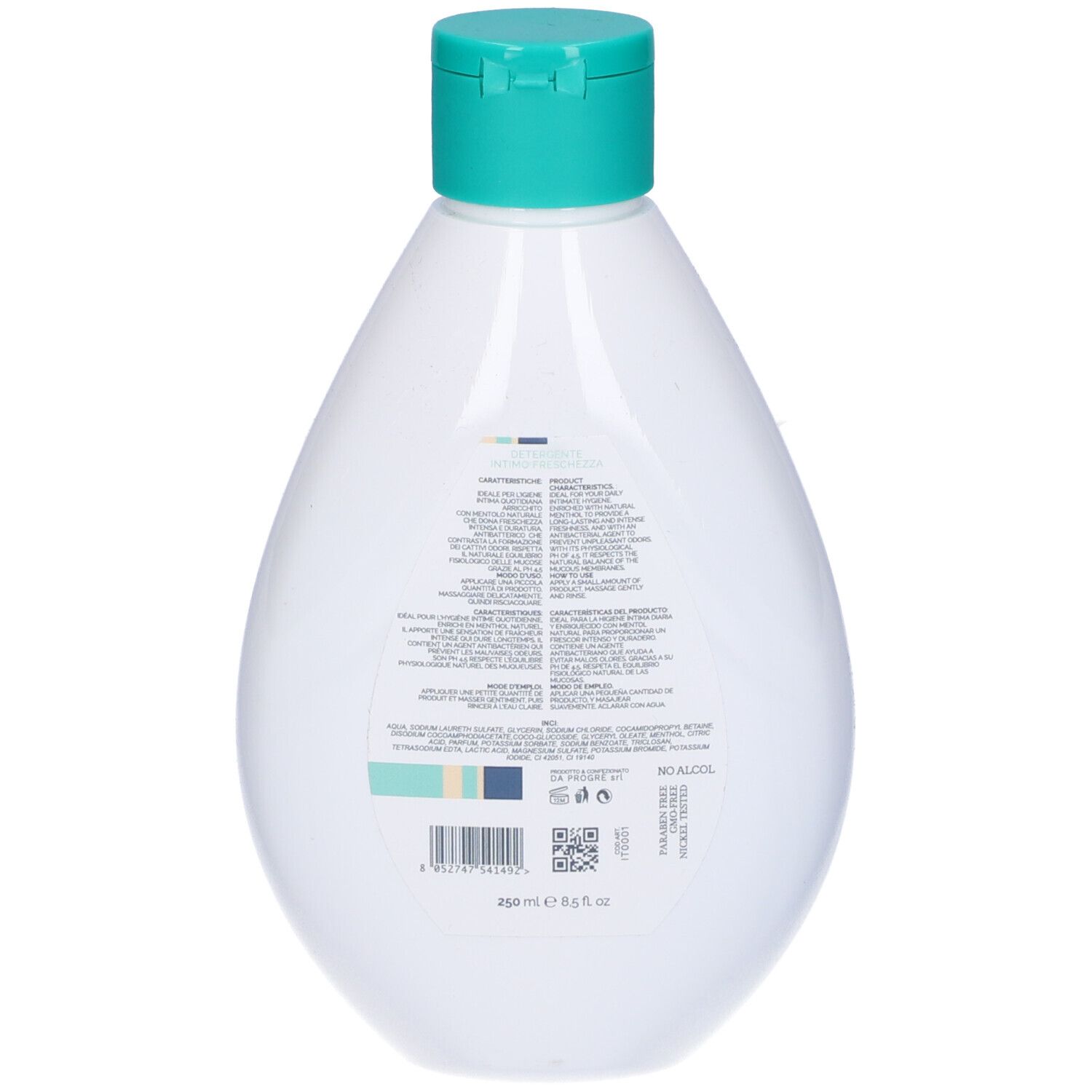 Retro di un flacone bianco con tappo verde. Dettagli del testo e codice a barre visibili.