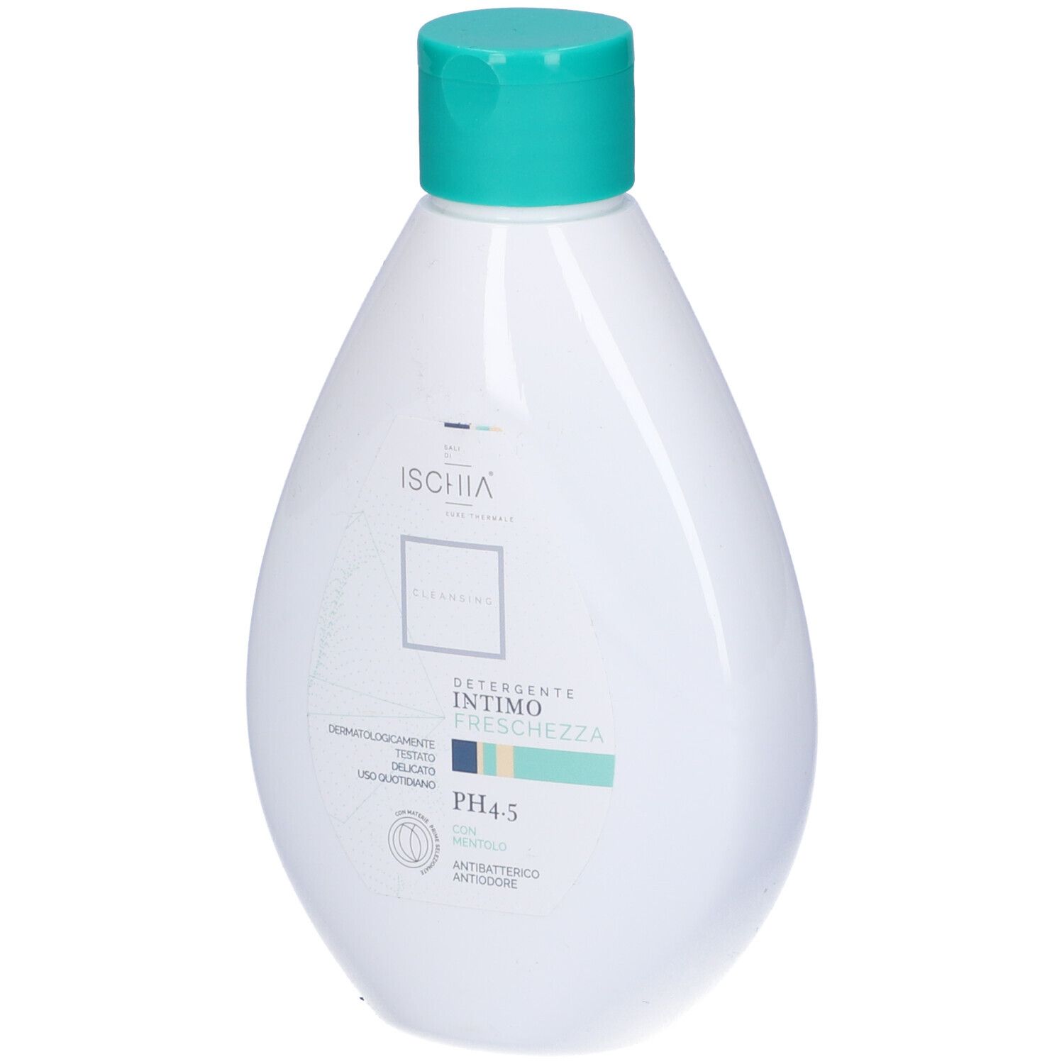 Flacone bianco con tappo verde. Scritta: Ischia, Intimo Freschezza, pH 4.5. Dermatologicamente testato.