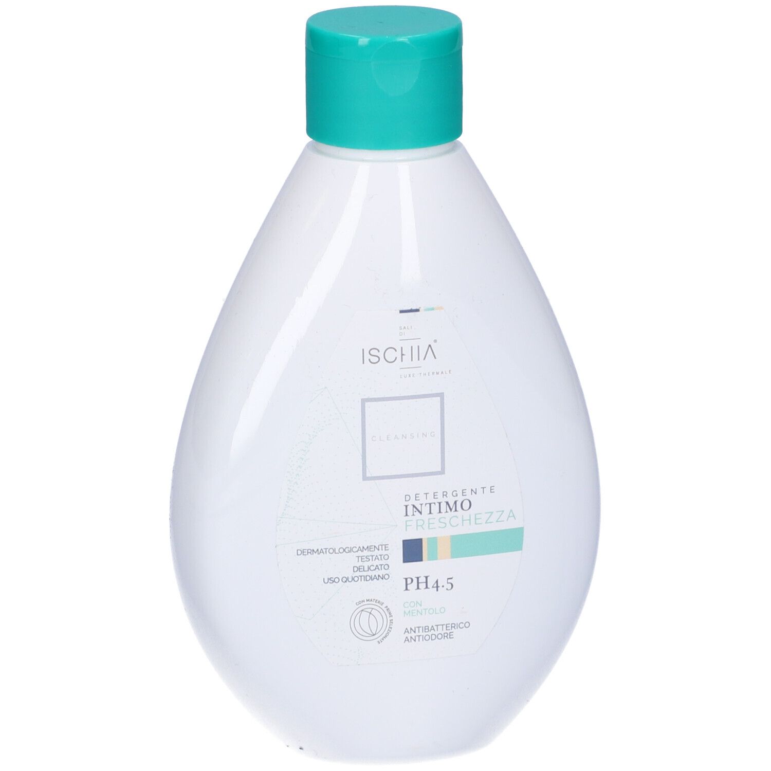 Flacone bianco con tappo verde. Scritta: Ischia, Intimo Freschezza, pH 4.5. Dermatologicamente testato.