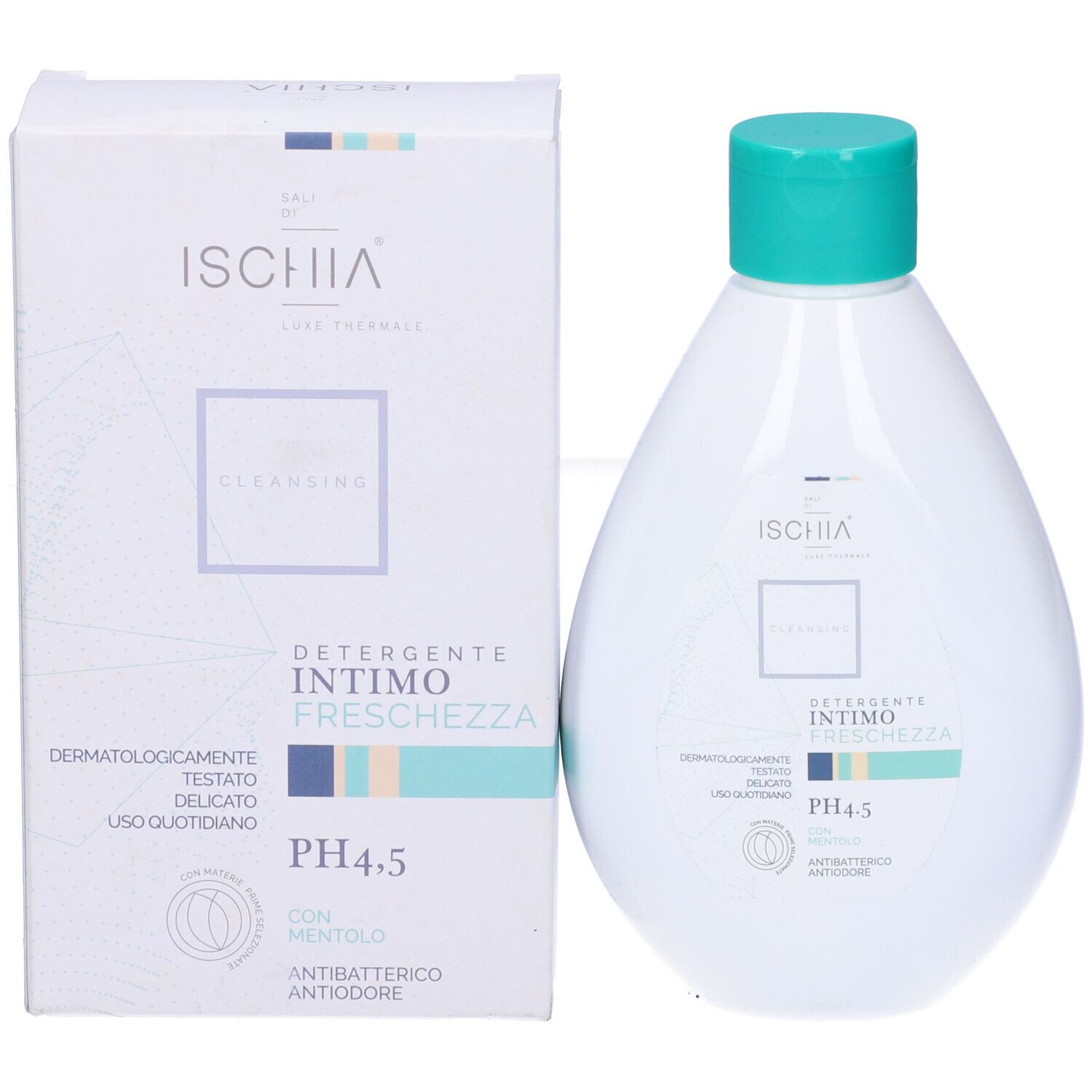 Flacone bianco e scatola. Scritta: Ischia, Intimo Freschezza, pH 4.5. Tappo verde. Dermatologicamente testato.