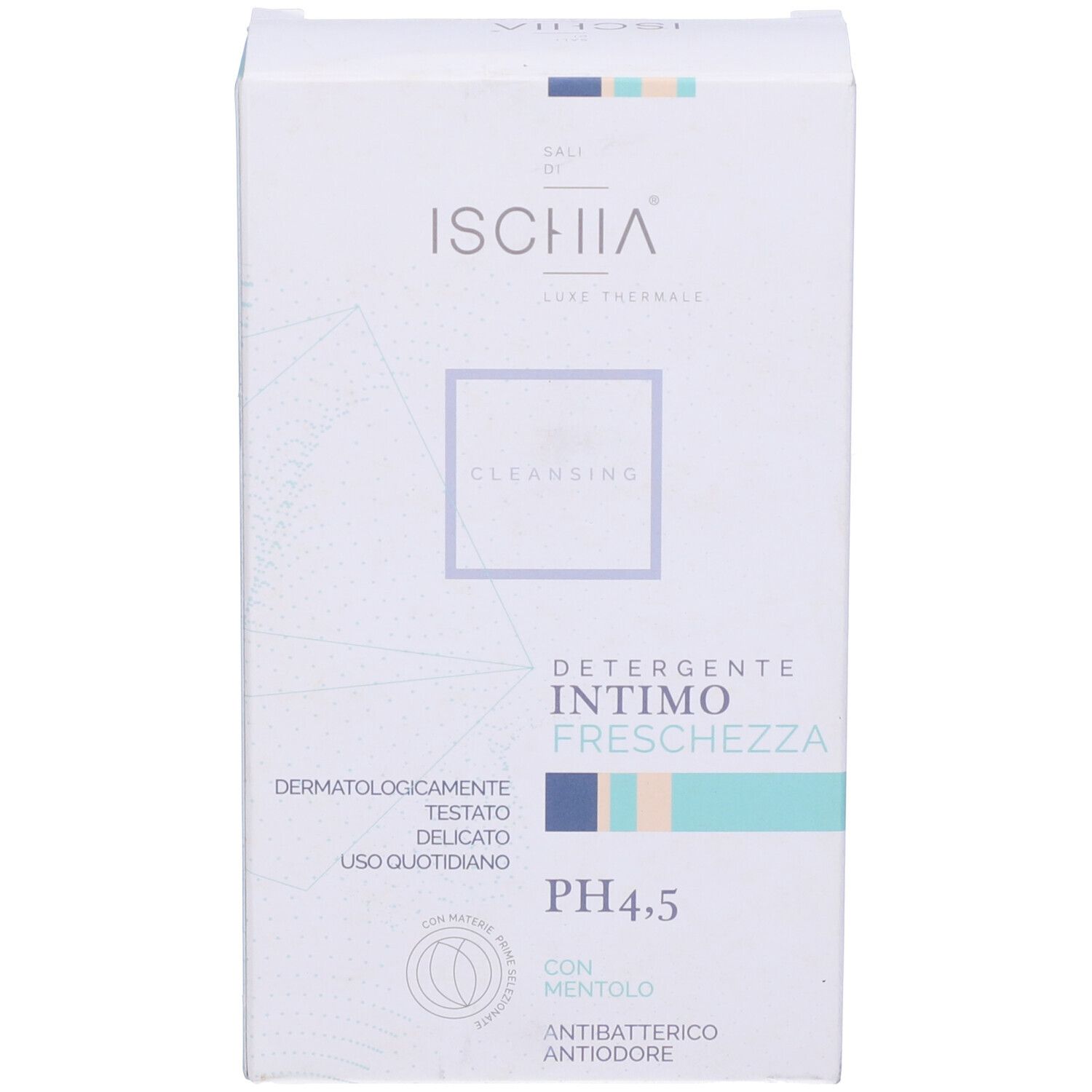 Scatola bianca. Scritta: Ischia, Intimo Freschezza, pH 4.5. Dermatologicamente testato.