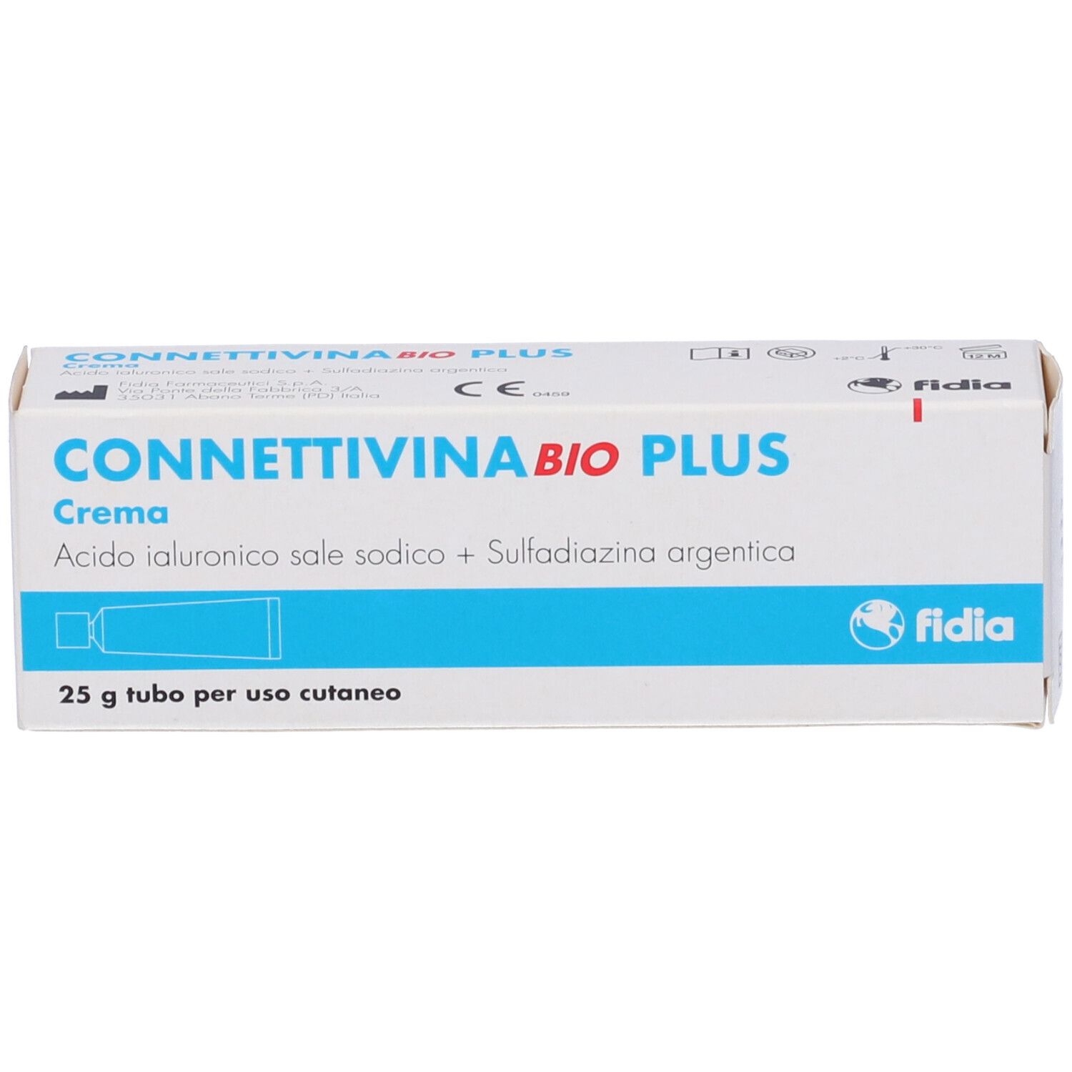 Scatola bianca con testo blu. Contiene Connettivina Bio Plus Crema. Logo Fidia. Tubo da 25 g per uso cutaneo.