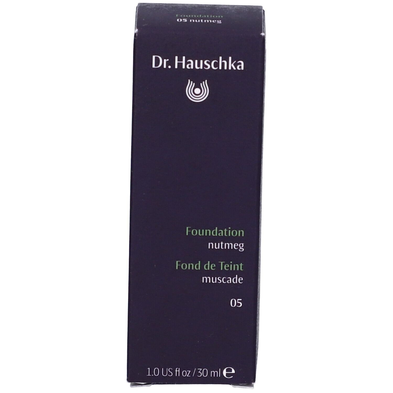 Confezione blu scuro. Scritta: Dr. Hauschka, Foundation, Nutmeg, 05.