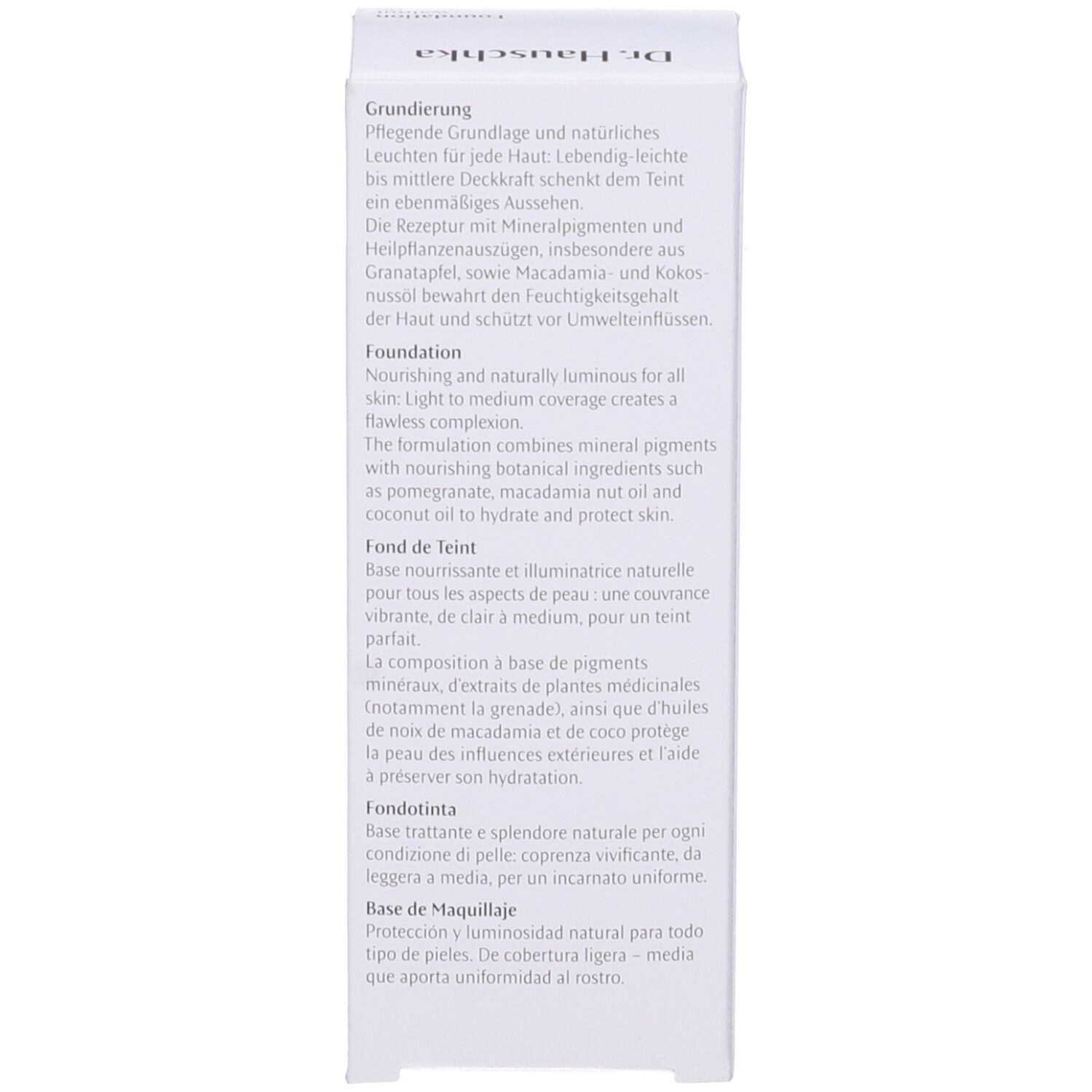 Testo sulla scatola bianca. Descrizione del prodotto in tedesco, inglese, francese e italiano.