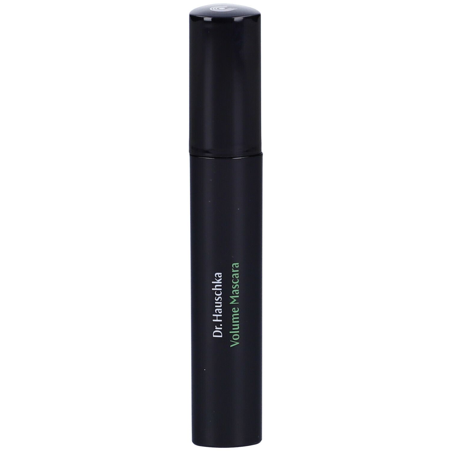 Spazzola per mascara nera con testo verde. Scritta: Dr. Hauschka Volume Mascara.