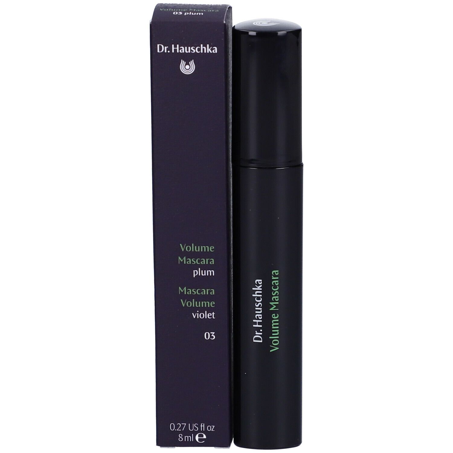 Spazzola per mascara nera e confezione. Scritta: Dr. Hauschka, Volume Mascara, 03 plum.