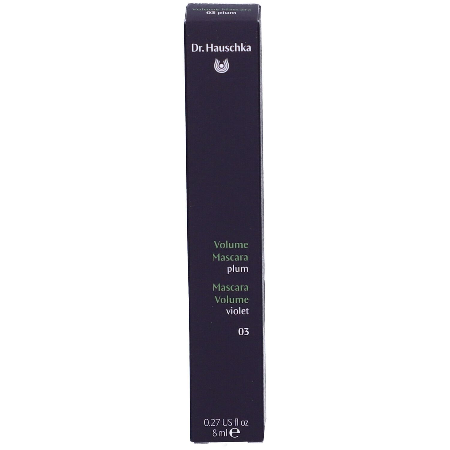 Confezione per mascara. Scritta: Dr. Hauschka, Volume Mascara, 03 plum, 8 ml.