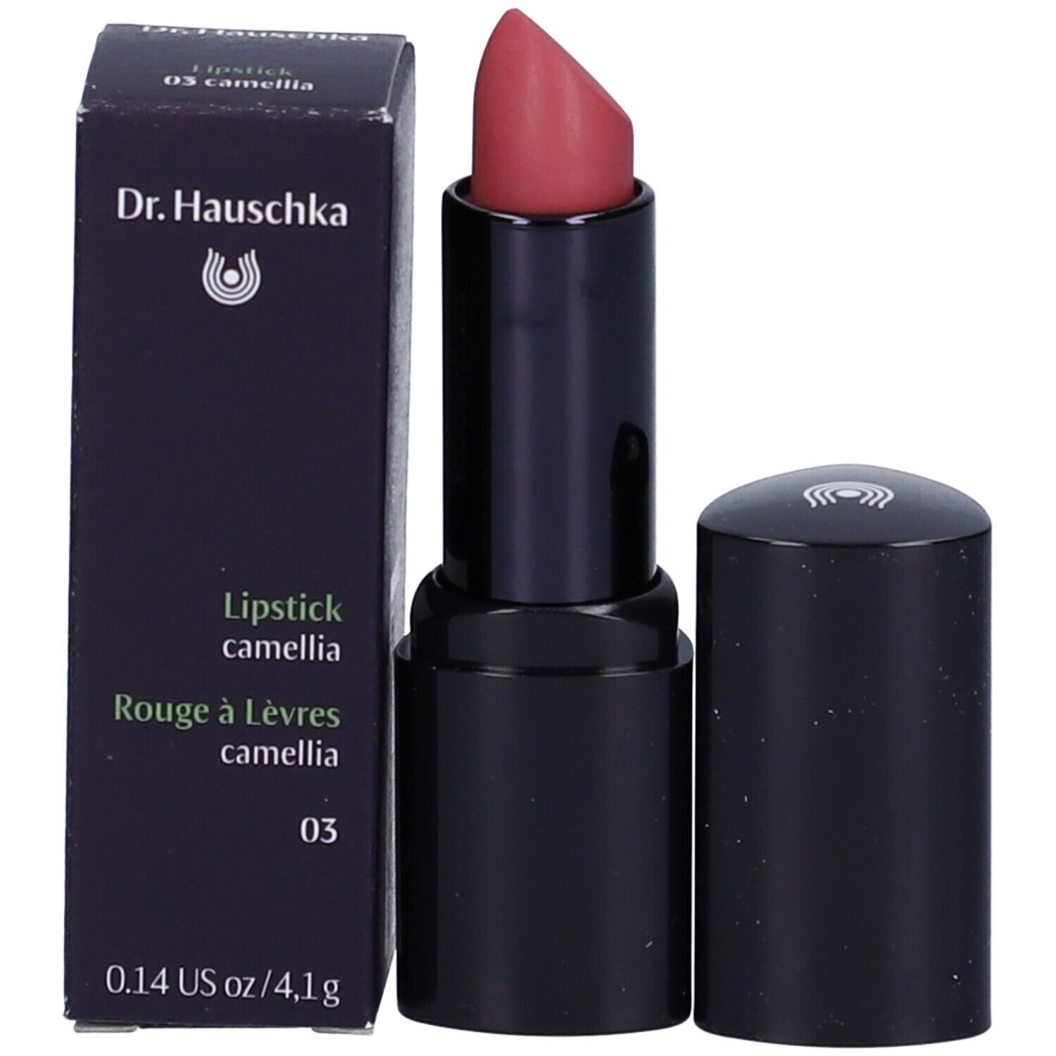 Rossetto con confezione. Rossetto nero, punta rosa. Confezione con testo.