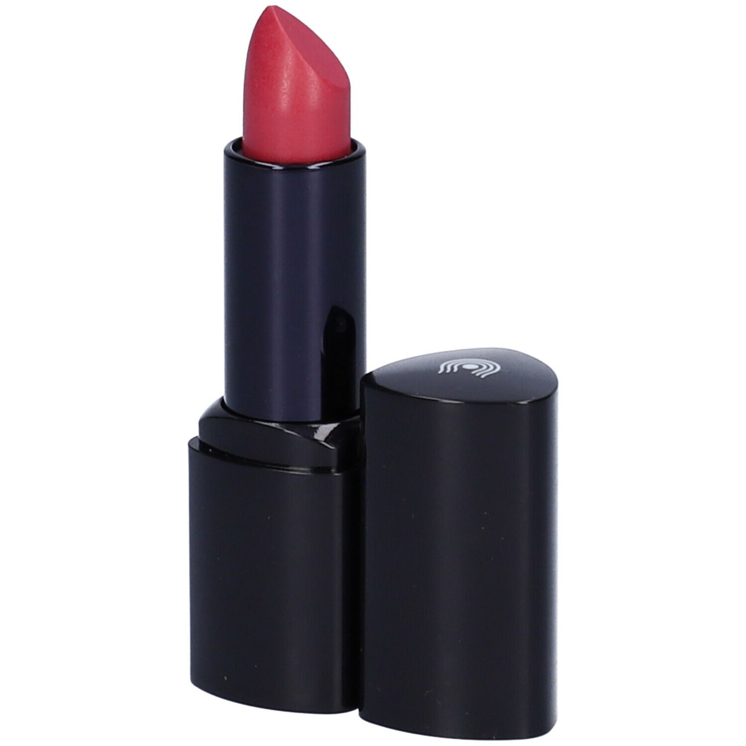 Rossetto rosso in astuccio nero. Tappo accanto. Logo sul tappo.
