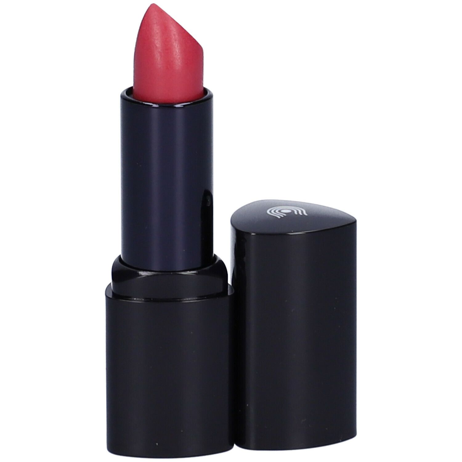 Rossetto rosso in astuccio nero. Tappo accanto. Logo sul tappo.