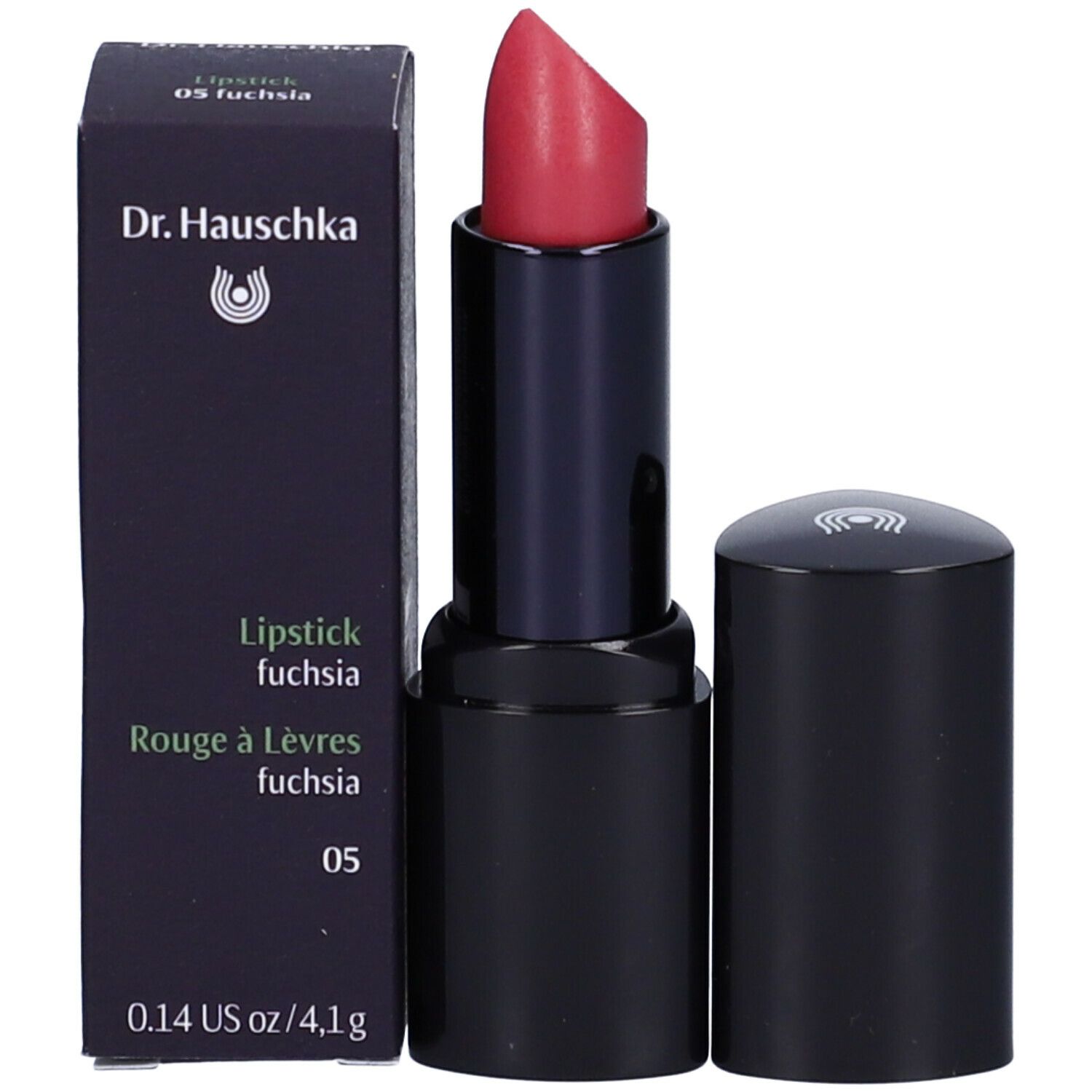 Rossetto con confezione. Astuccio nero con punta rossa. Confezione con logo e testo.