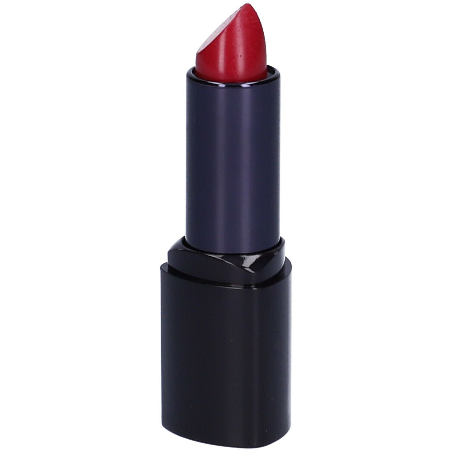 Rossetto rosso in un involucro nero. Il rossetto è parzialmente estratto.
