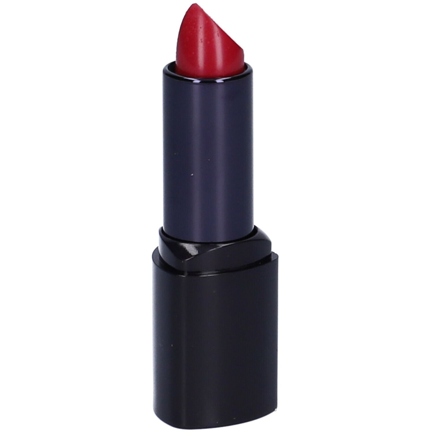 Rossetto rosso in un involucro nero. Il rossetto è parzialmente estratto.