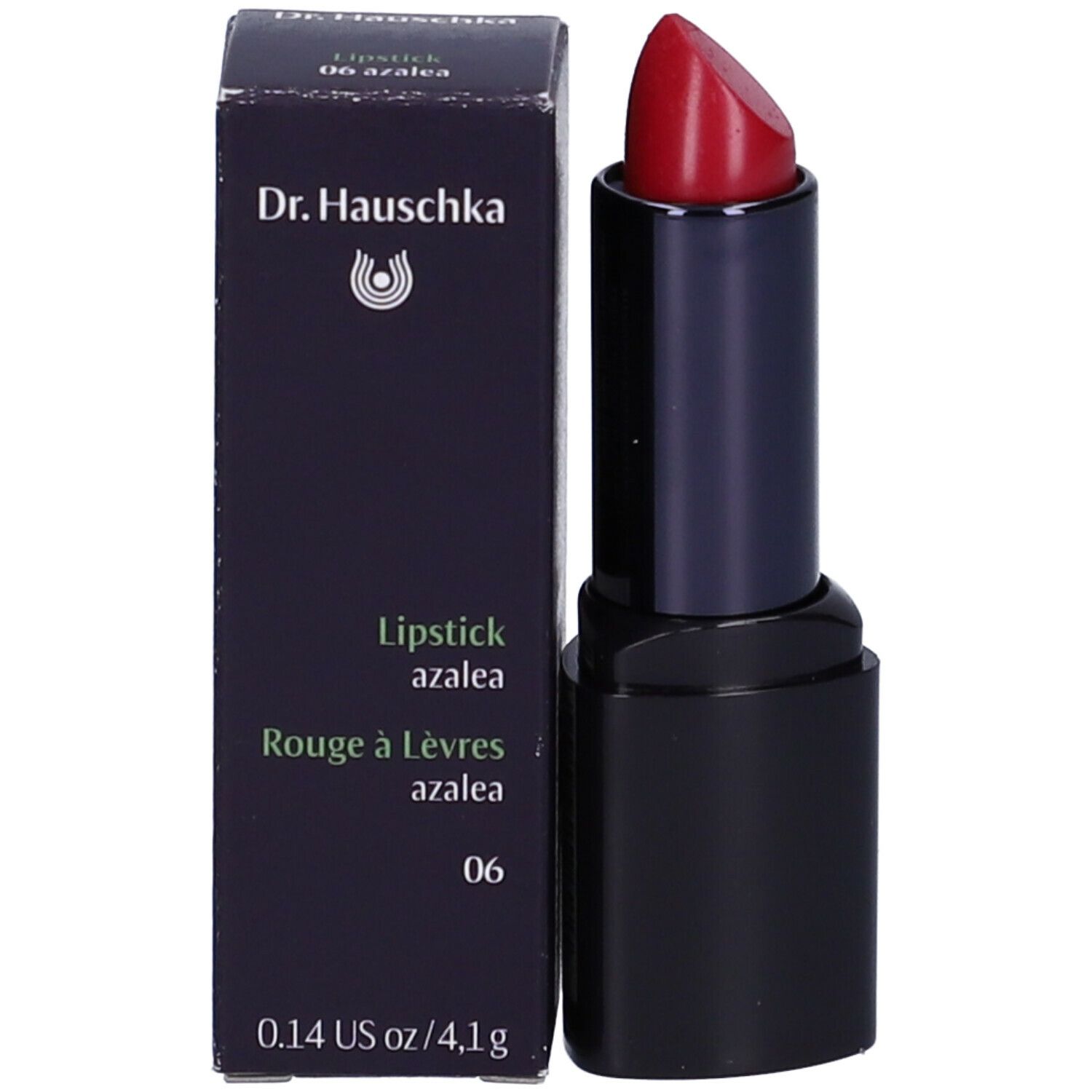 Rossetto e confezione. Rossetto nero con punta rossa. Confezione con testo: Dr. Hauschka, Lipstick azalea 06.