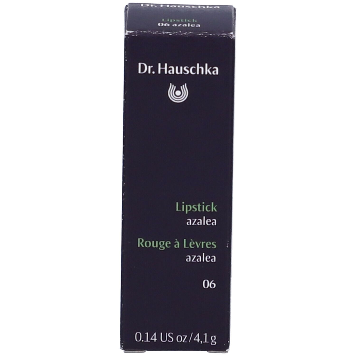 Confezione per rossetto. Scatola nera con testo: Dr. Hauschka, Lipstick azalea 06, 0,14 US oz/4,1 g.