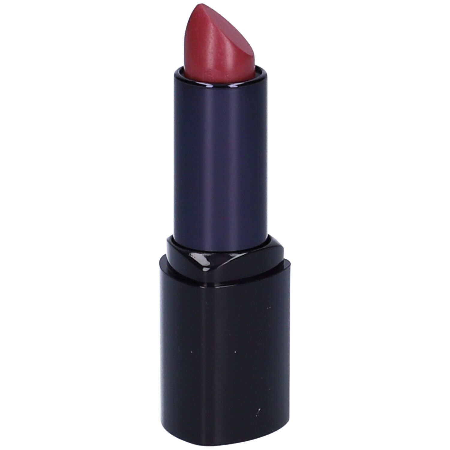 Rossetto con punta rosso scuro in un involucro nero. Il rossetto è parzialmente estratto.