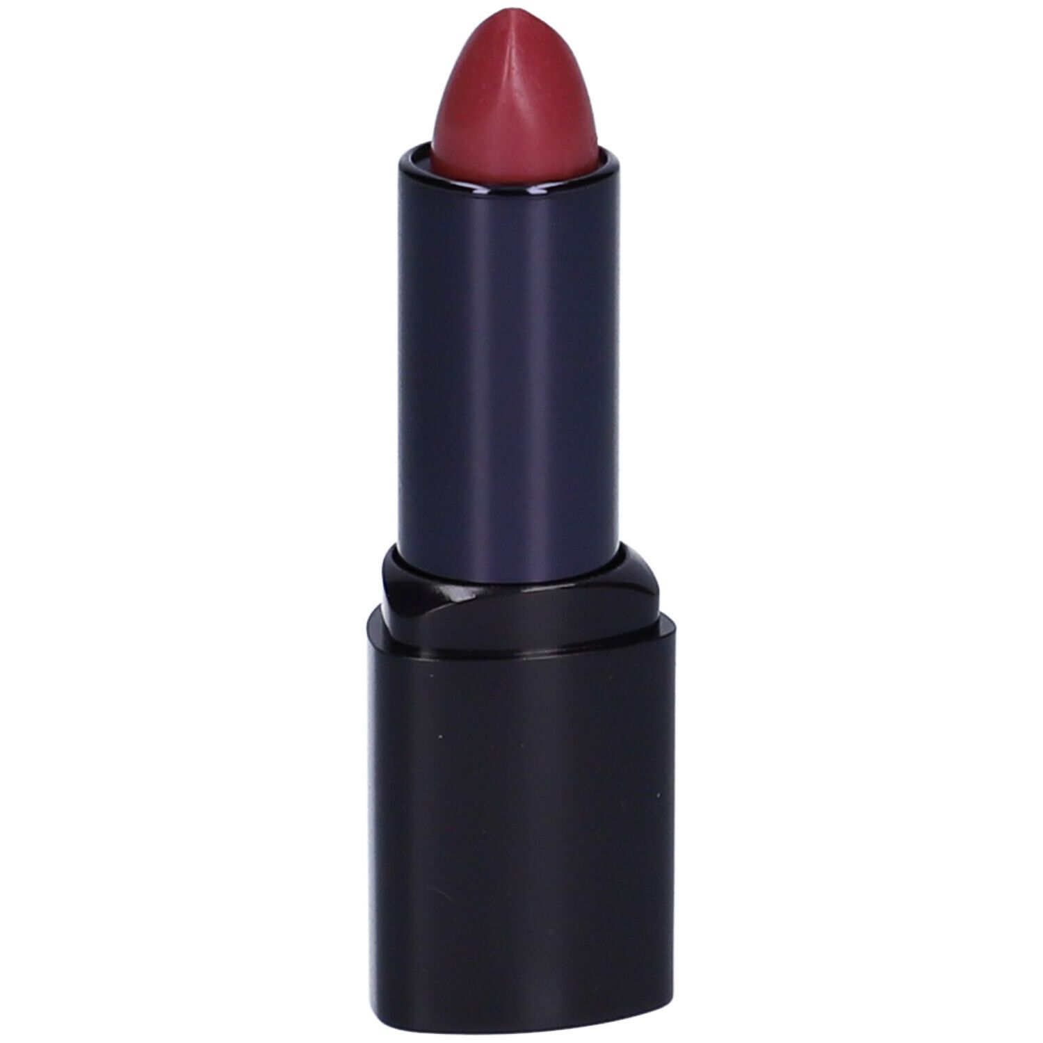 Rossetto con punta rosso scuro in un involucro nero. Il rossetto è parzialmente estratto.