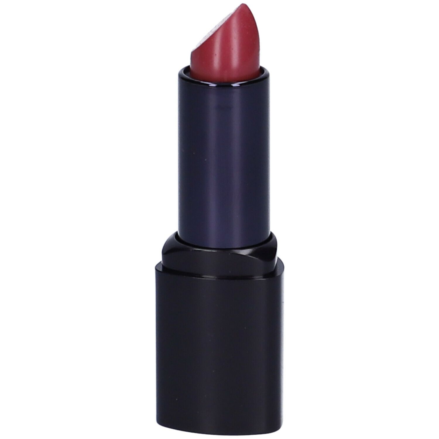 Rossetto con punta rosso scuro in un involucro nero. Il rossetto è parzialmente estratto.