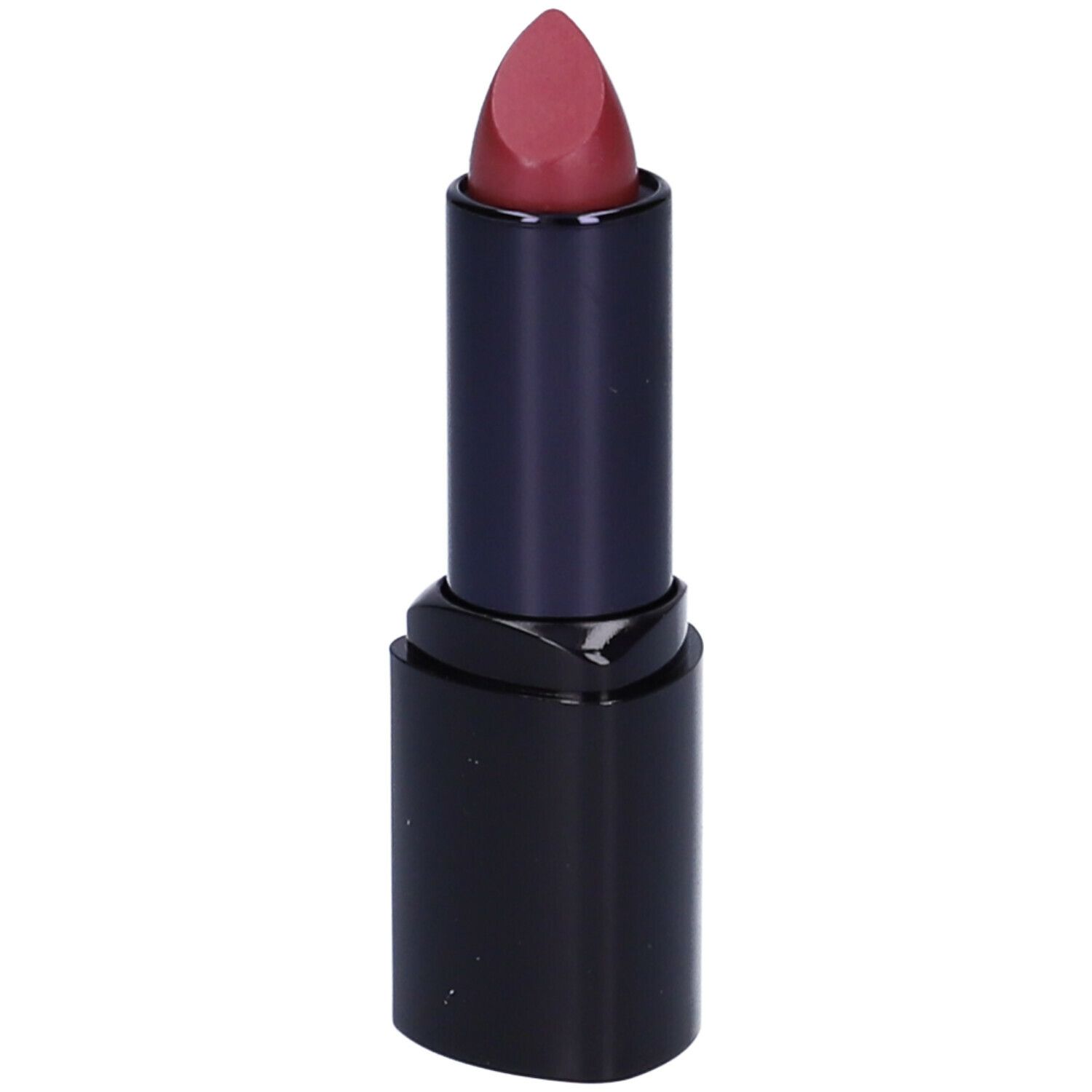 Rossetto con punta rosso scuro in un involucro nero. Il rossetto è parzialmente estratto.