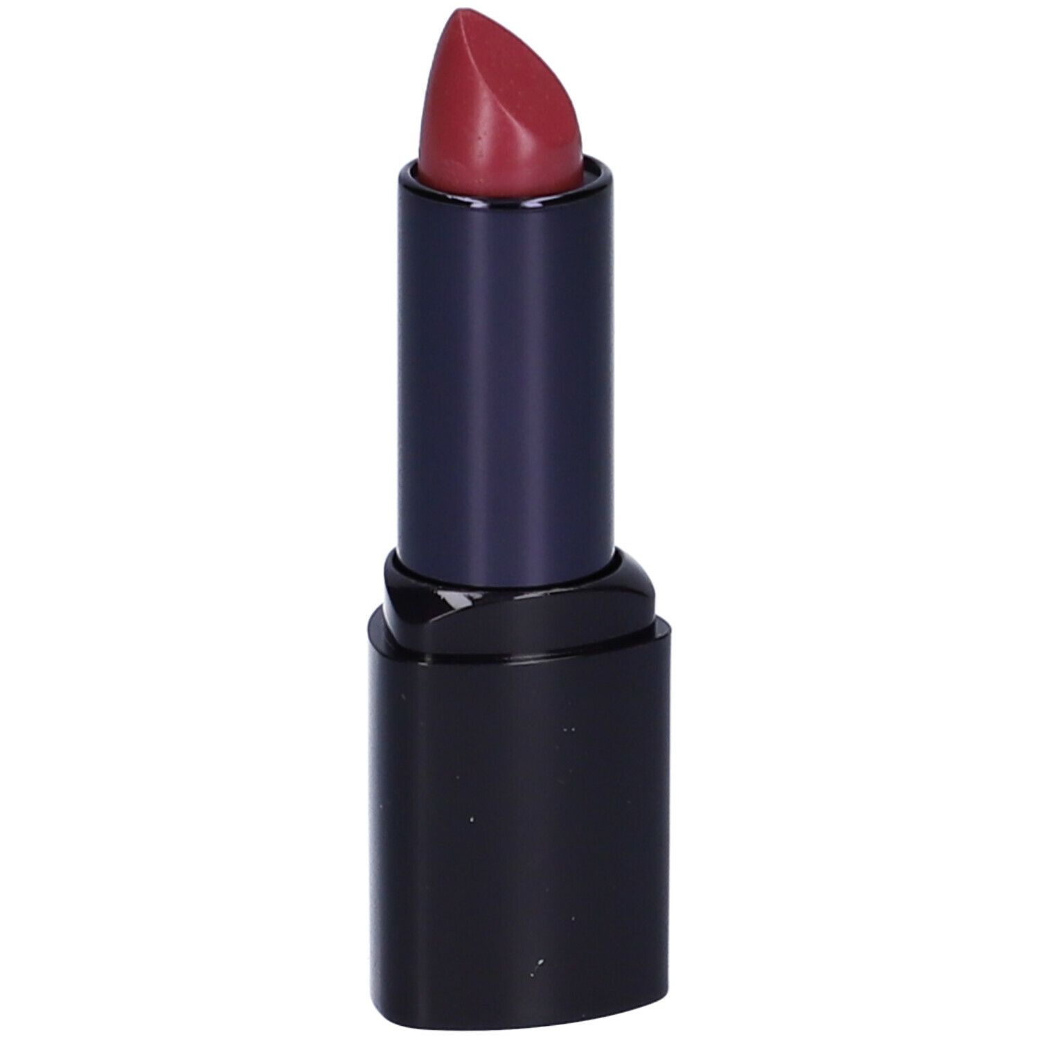 Rossetto con punta rosso scuro in un involucro nero. Il rossetto è parzialmente estratto.