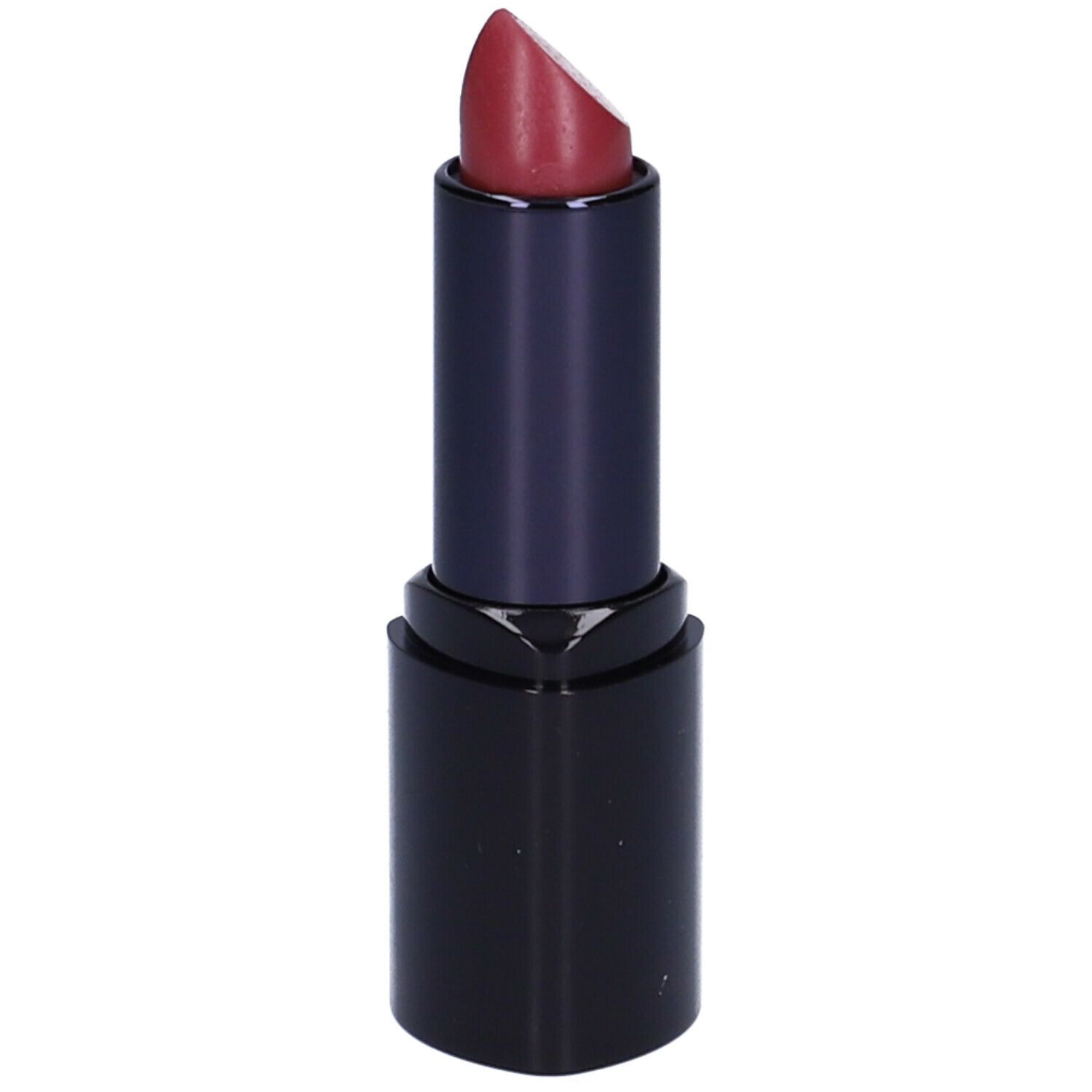 Rossetto con punta rosso scuro in un involucro nero. Il rossetto è parzialmente estratto.