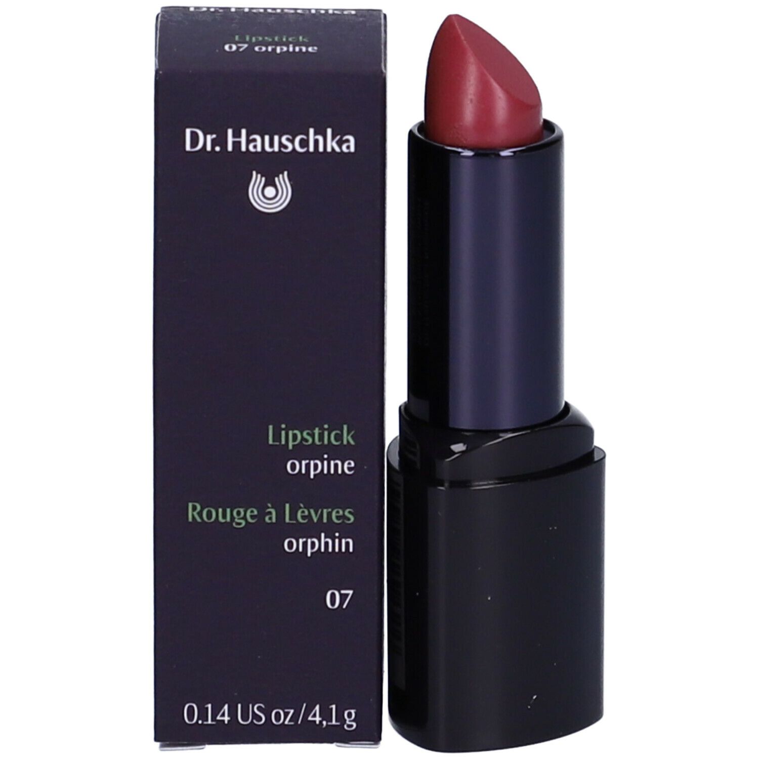 Rossetto e confezione. Rossetto nero con punta rosso scuro. Confezione con testo: Dr. Hauschka, Rossetto 07.