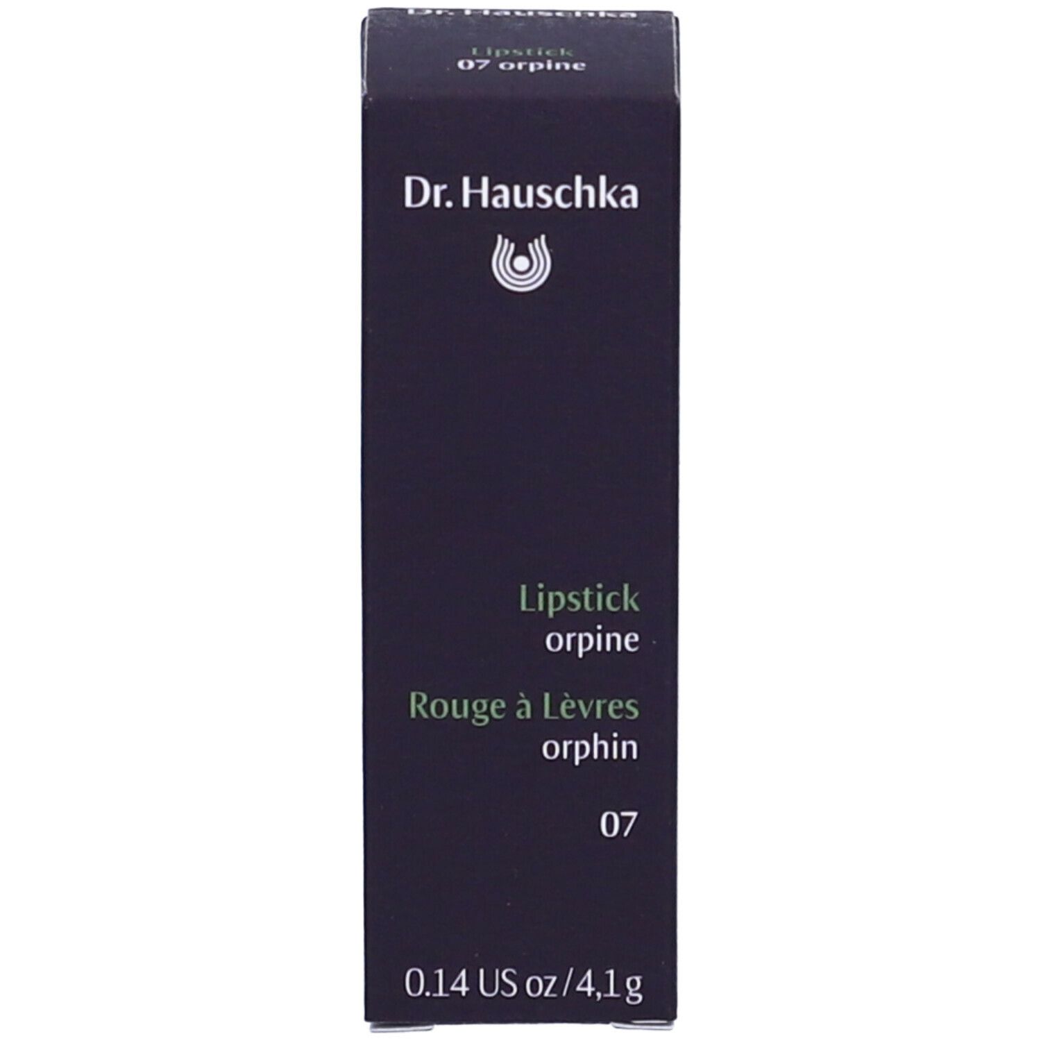 Confezione per rossetto. Scatola nera con testo: Dr. Hauschka, Rossetto 07. Scritta: 0,14 US oz/4,1 g.