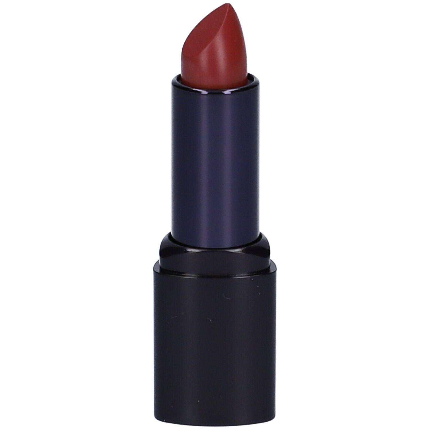 Rossetto con punta rosso scuro in un involucro nero. Il rossetto è estratto.