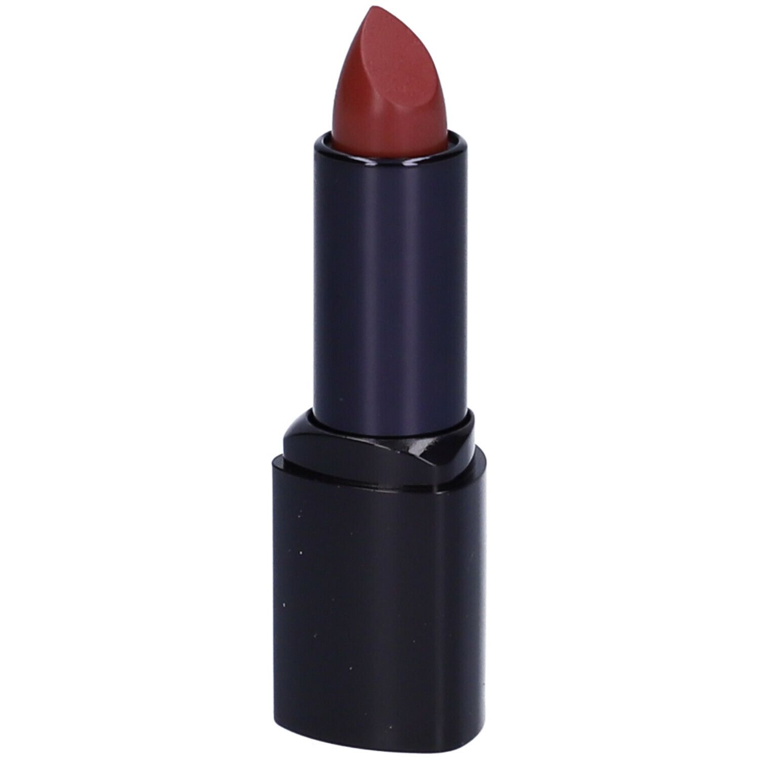 Rossetto con punta rosso scuro in un involucro nero. Il rossetto è estratto.