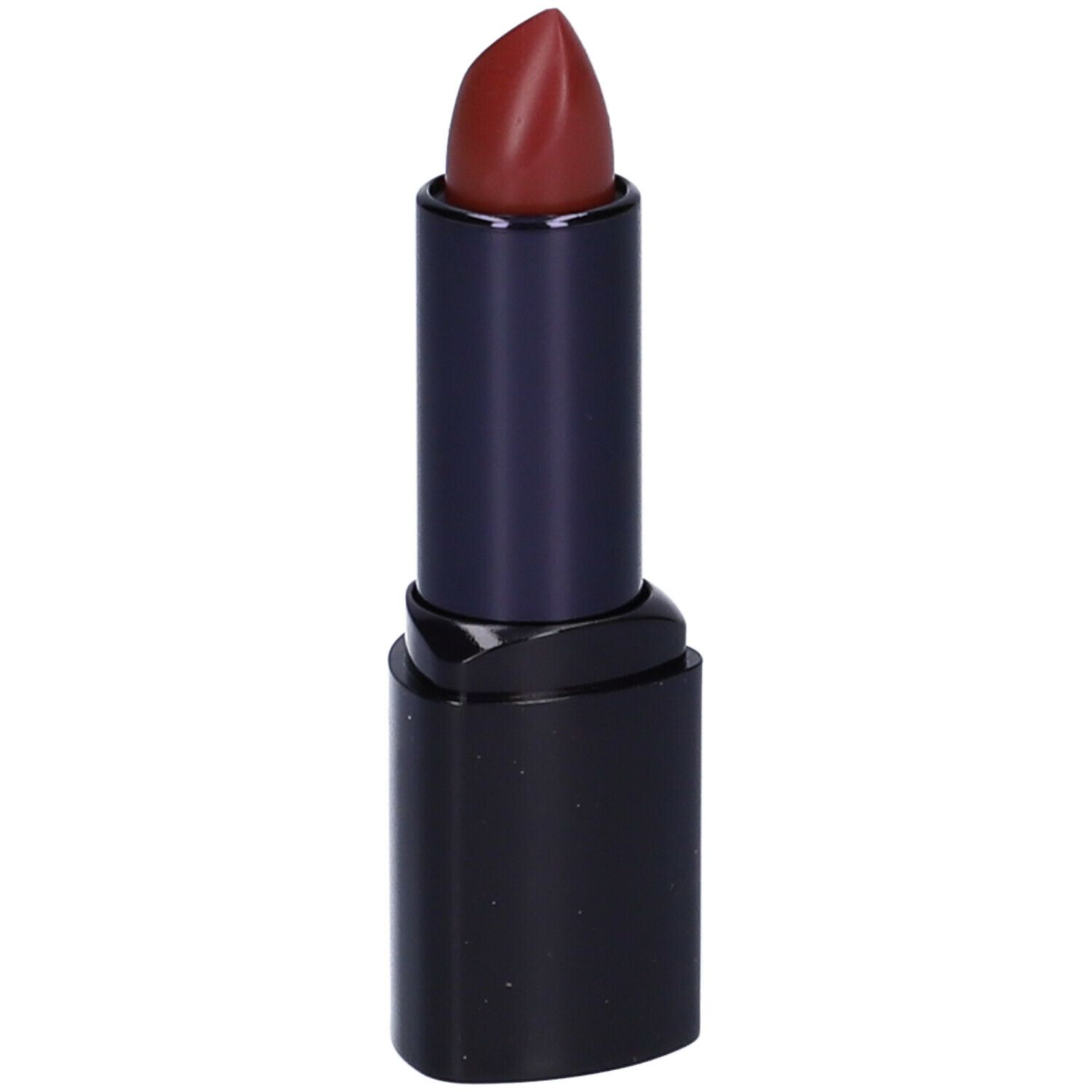Rossetto con punta rosso scuro in un involucro nero. Il rossetto è estratto.