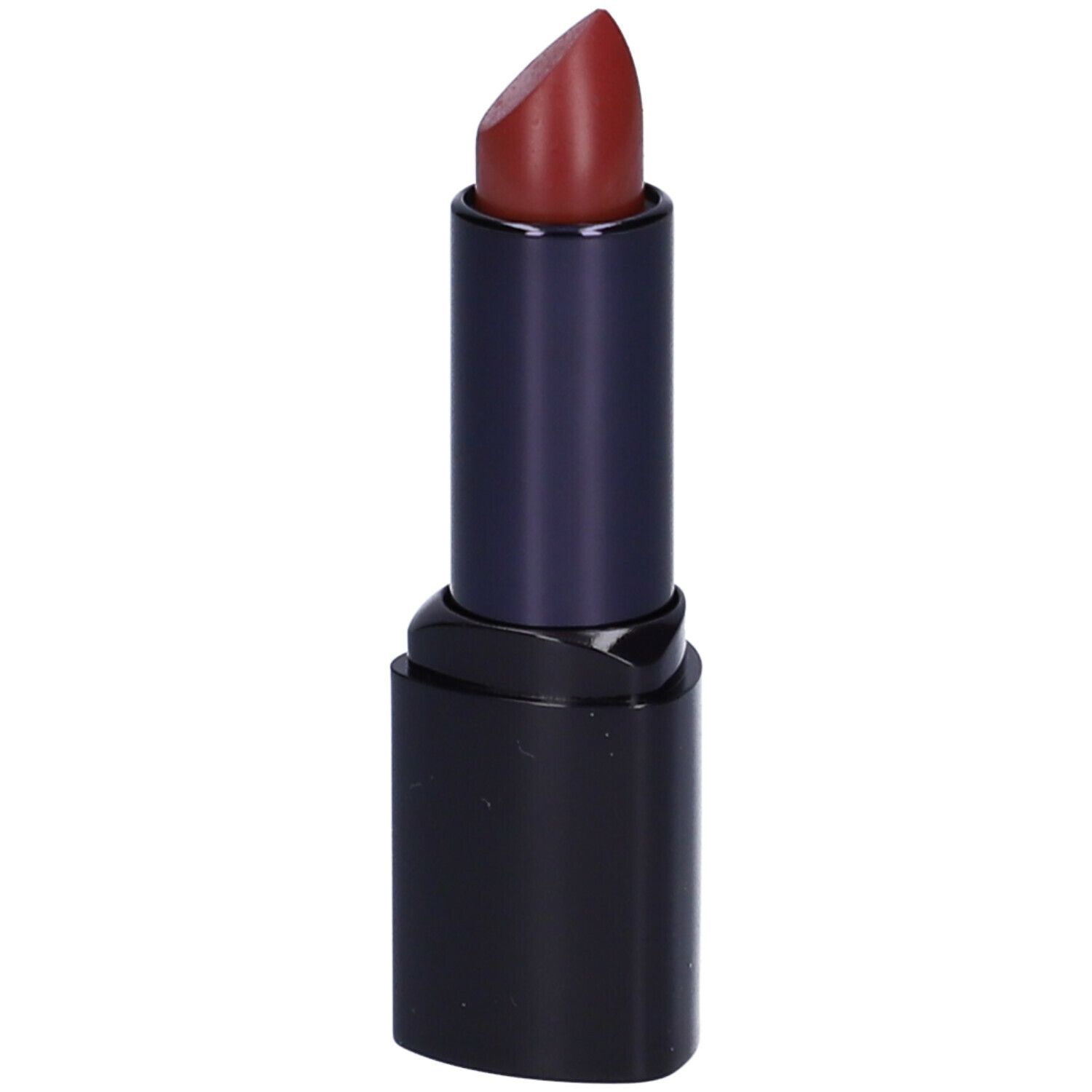 Rossetto con punta rosso scuro in un involucro nero. Il rossetto è estratto.