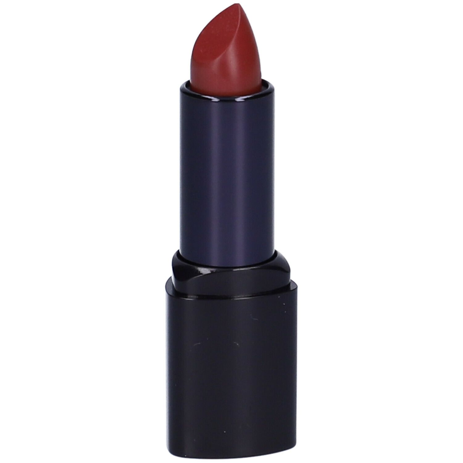 Rossetto con punta rosso scuro in un involucro nero. Il rossetto è estratto.