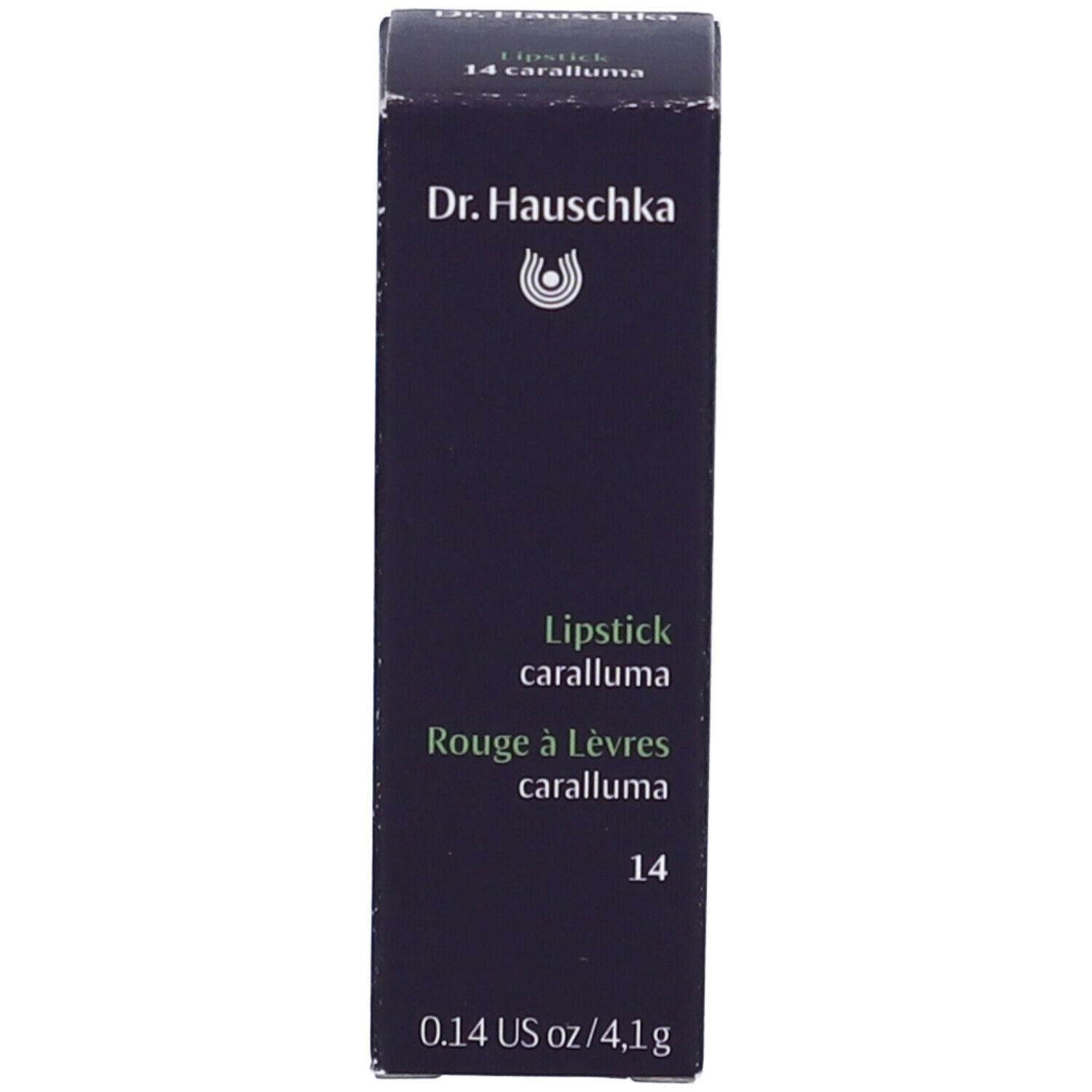 Confezione rossetto. Scritta: Dr. Hauschka, Lipstick, Rouge à Lèvres, 14 caralluma, 0,14 US oz/4,1 g.