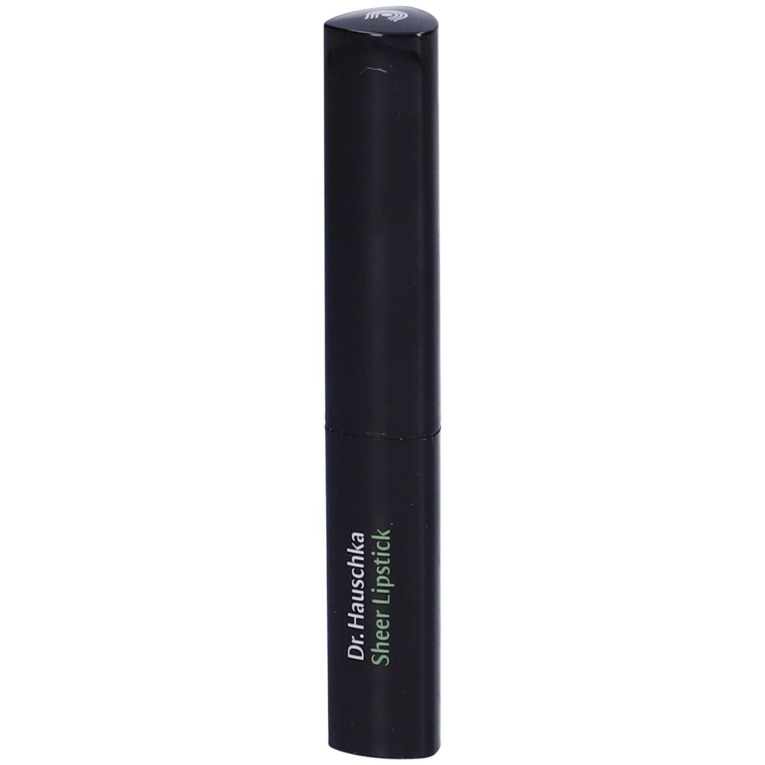 Rossetto nero con scritta verde 'Dr. Hauschka Sheer Lipstick'.