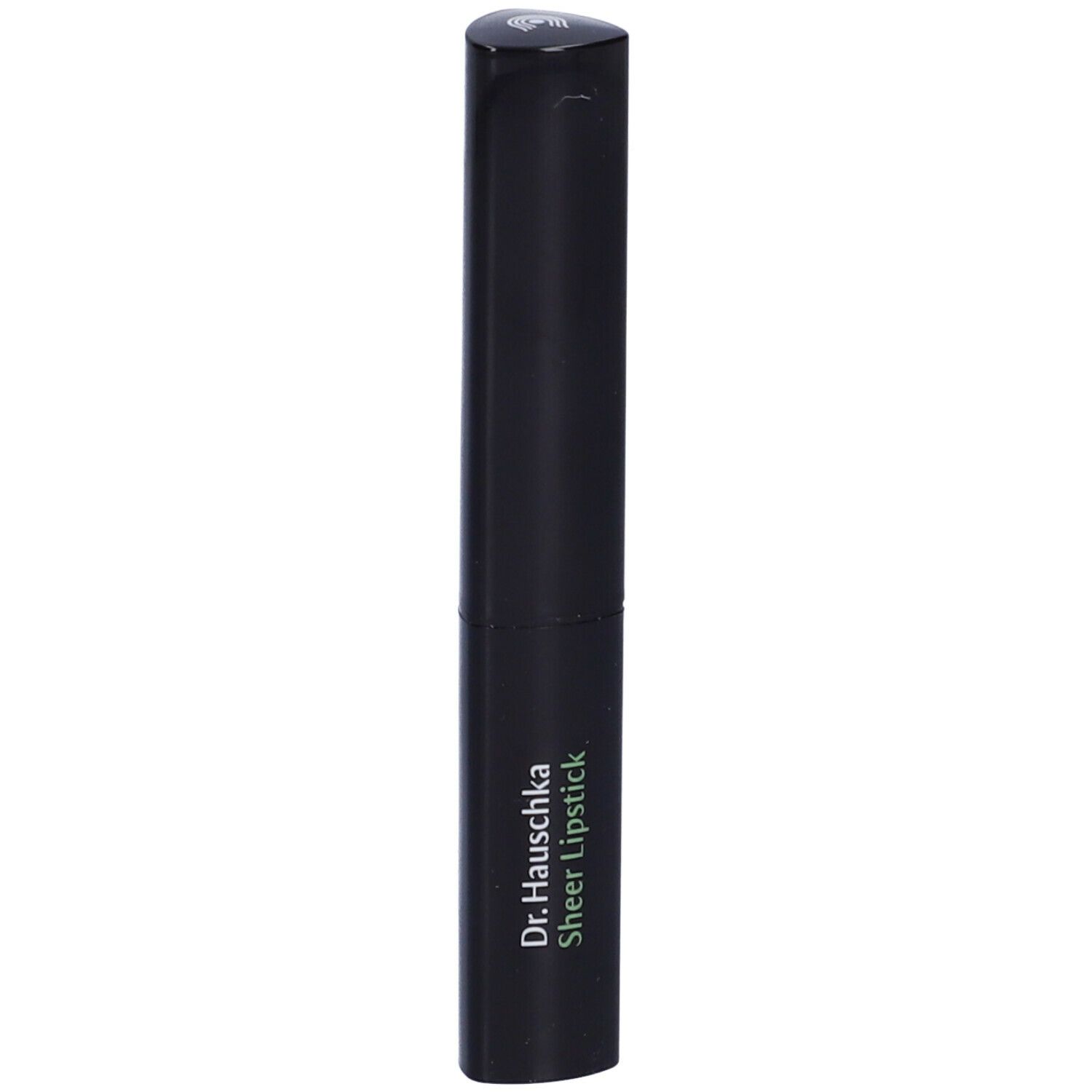 Rossetto nero con scritta verde 'Dr. Hauschka Sheer Lipstick'.
