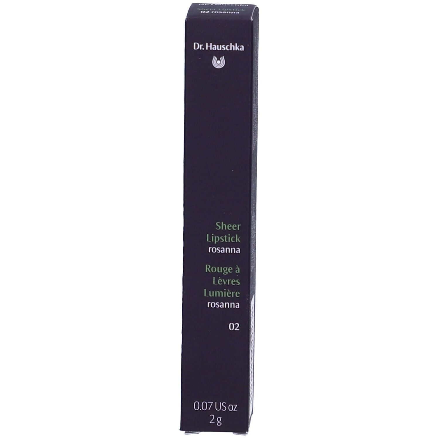 Confezione con informazioni sul prodotto. 'Dr. Hauschka Sheer Lipstick rosanna 02'.