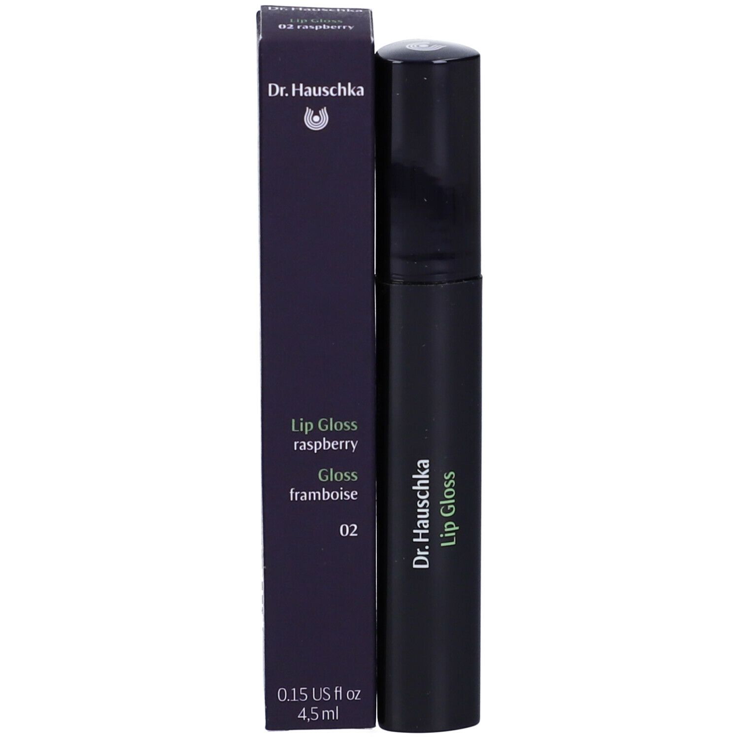 Tubo di lucidalabbra nero e confezione. Scritta: Dr. Hauschka, Lip Gloss, 02, lampone.